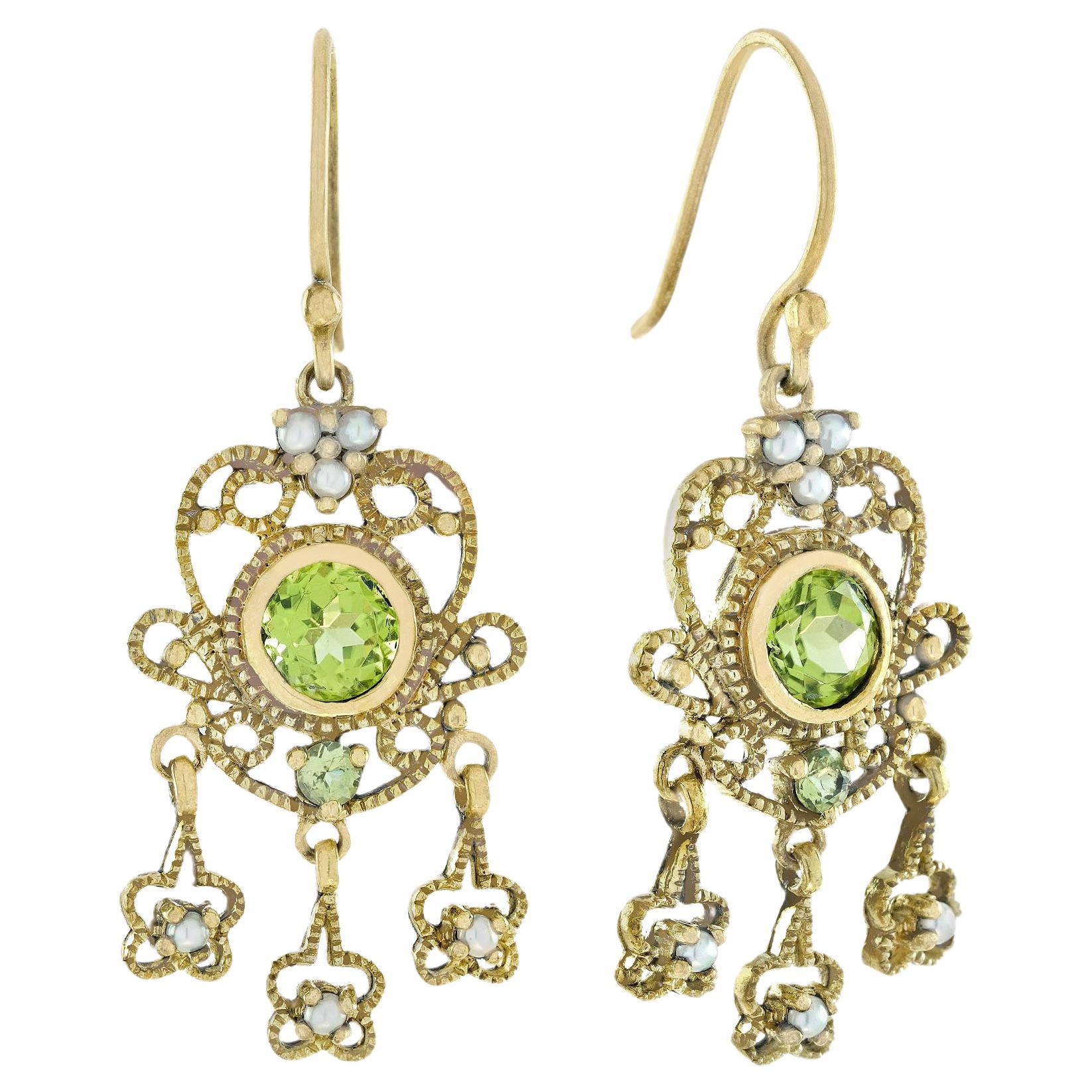 14K Yellow Gold Natural Peridot and Pearl Floral Drop Earrings, 2.72ct