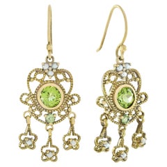 14K Yellow Gold Natural Peridot and Pearl Floral Drop Earrings, 2.72ct