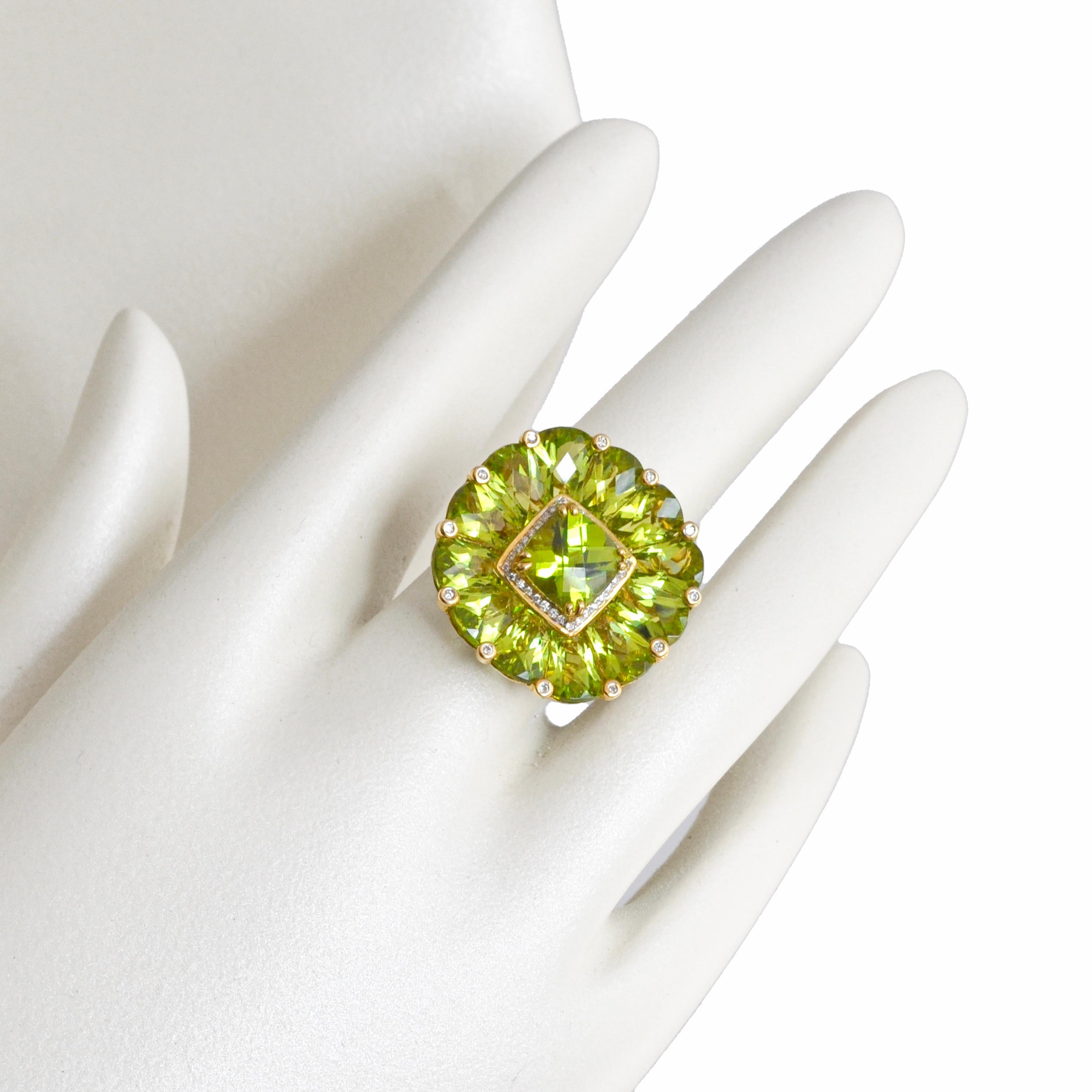 14 karat yellow gold natural peridot special cut flower contemporary cocktail ring

Our peridot brilliance ring is a dazzling variation of timeless elegance. Crafted in 14-karat gold, this ring features a central cushion-cut peridot, prong-set to