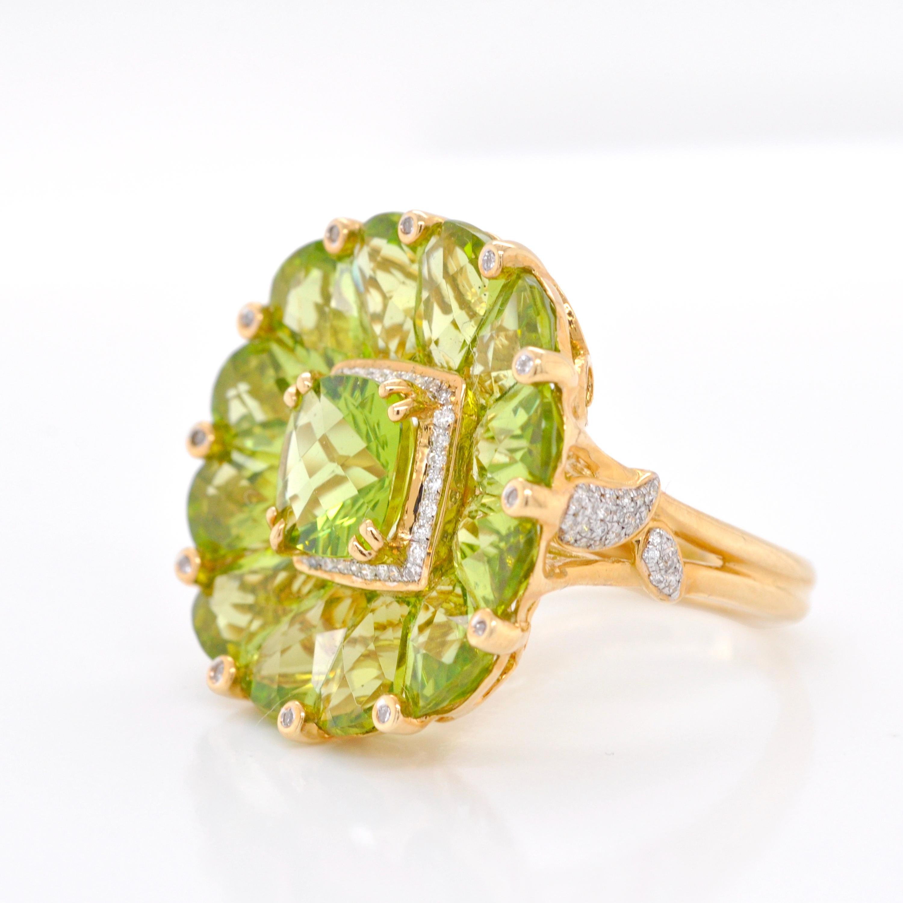 Women's 14K Yellow Gold Natural Peridot Special Cut Flower Contemporary Cocktail Ring For Sale