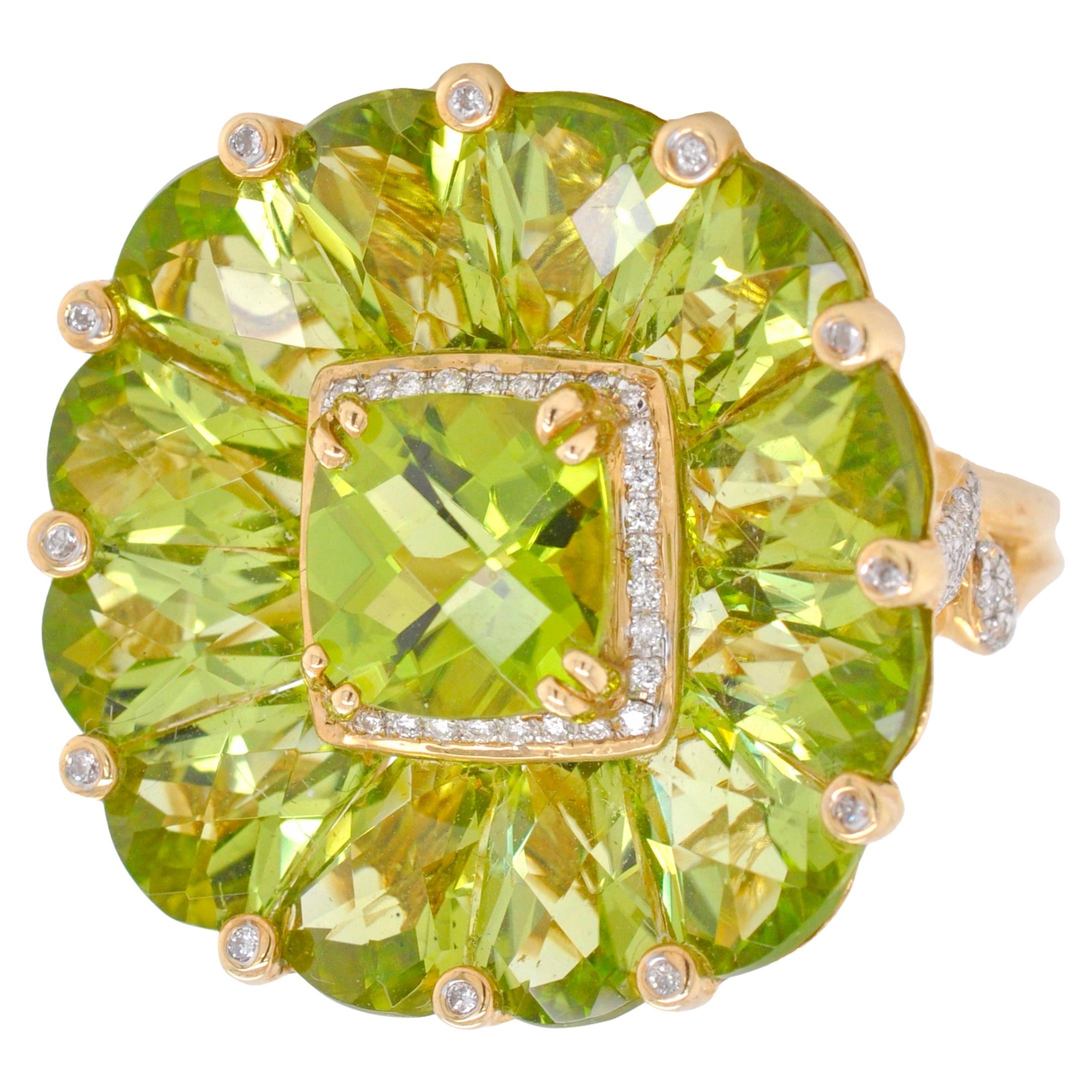 14K Yellow Gold Natural Peridot Special Cut Flower Contemporary Cocktail Ring
