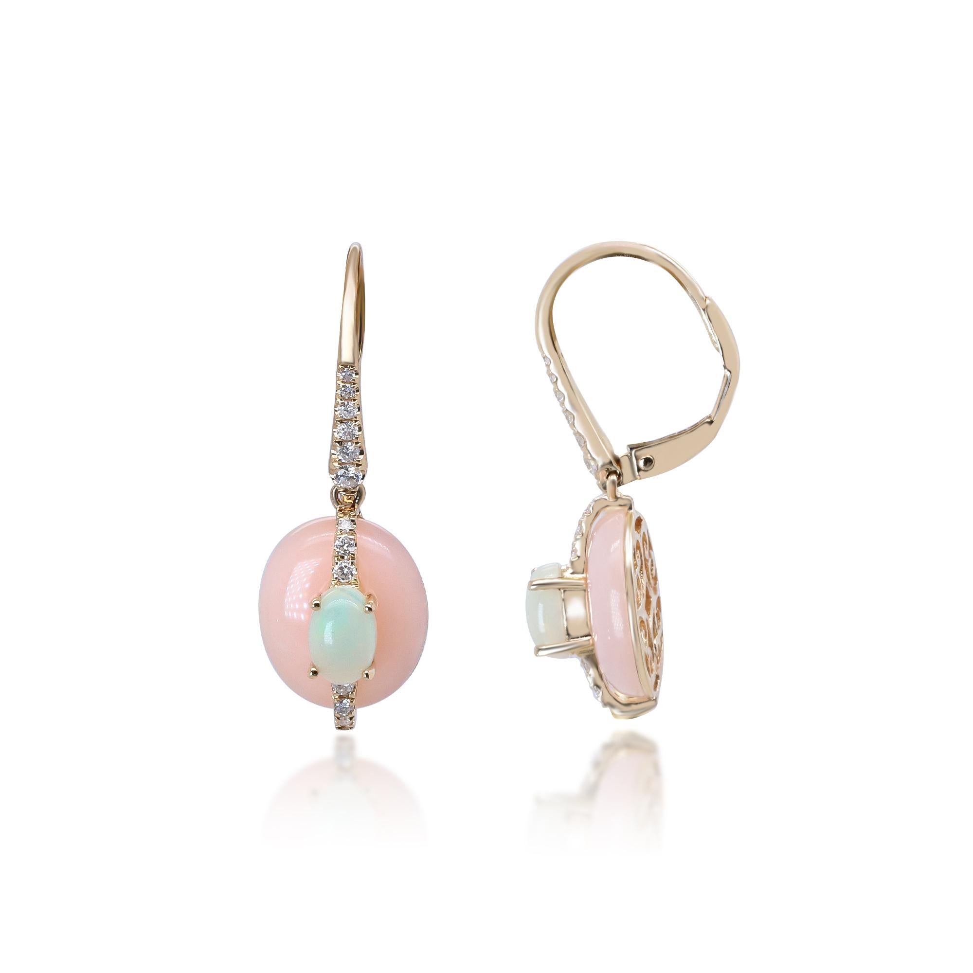 Art Deco 14K Yellow Gold Natural Pink Opal Earring with Diamonds for women For Sale