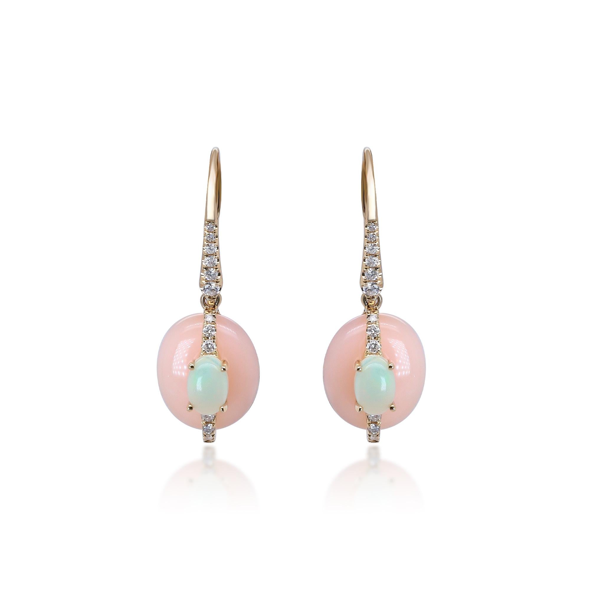14K Yellow Gold Natural Pink Opal Earring with Diamonds for women In New Condition For Sale In New York, NY