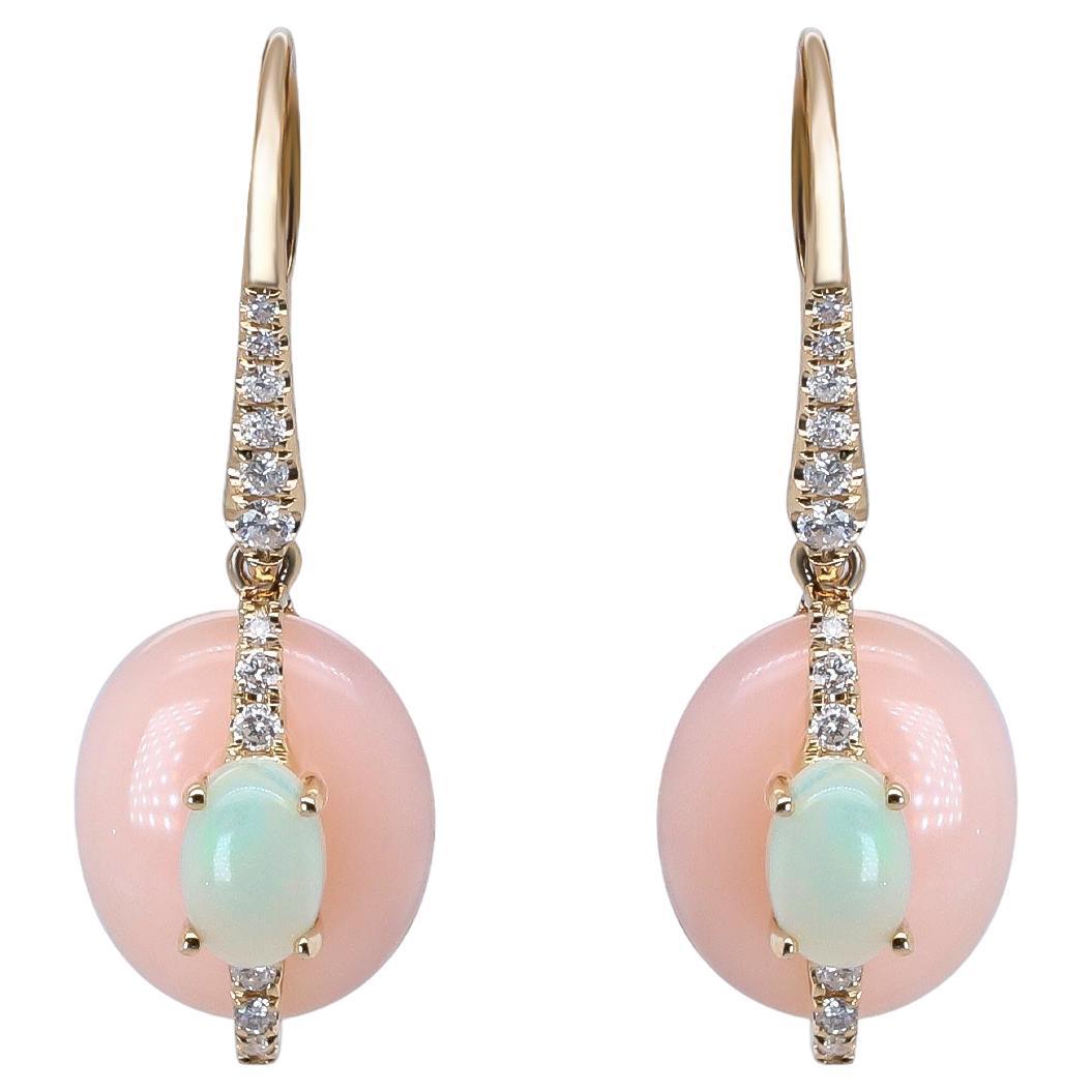 14K Yellow Gold Natural Pink Opal Earring with Diamonds for women