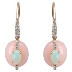 14K Yellow Gold Natural Pink Opal Earring with Diamonds for women