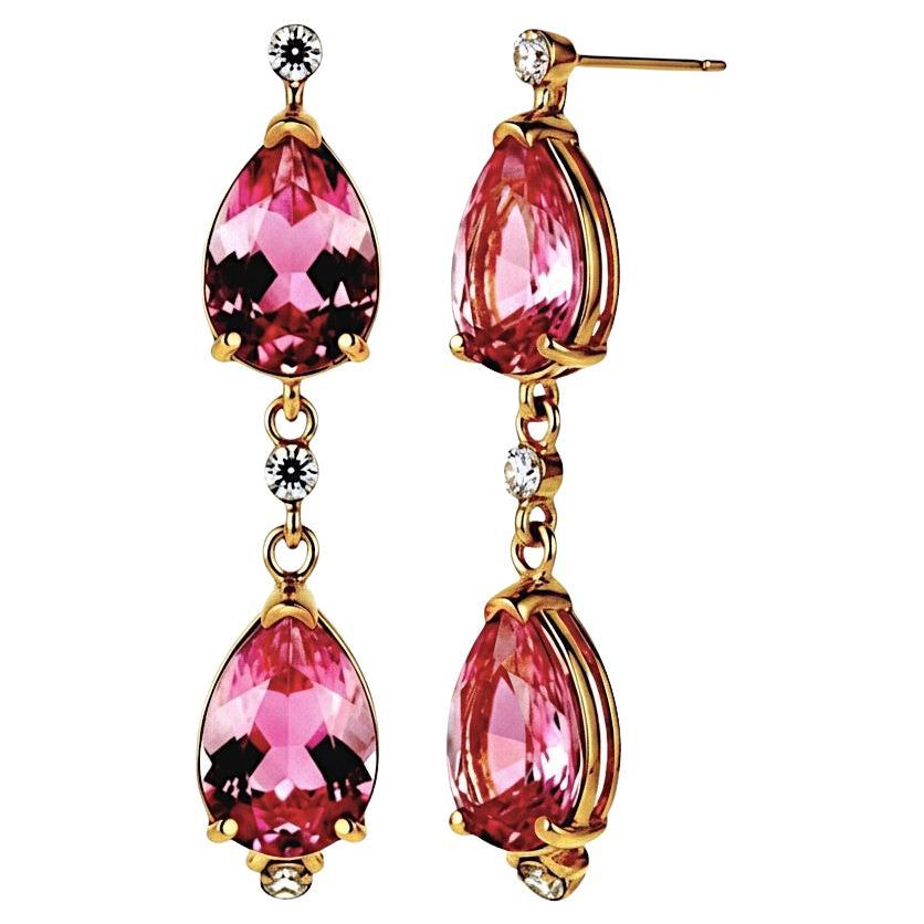 14K Yellow Gold Natural Pink Topaz and Diamond Long Drop Earrings For Sale