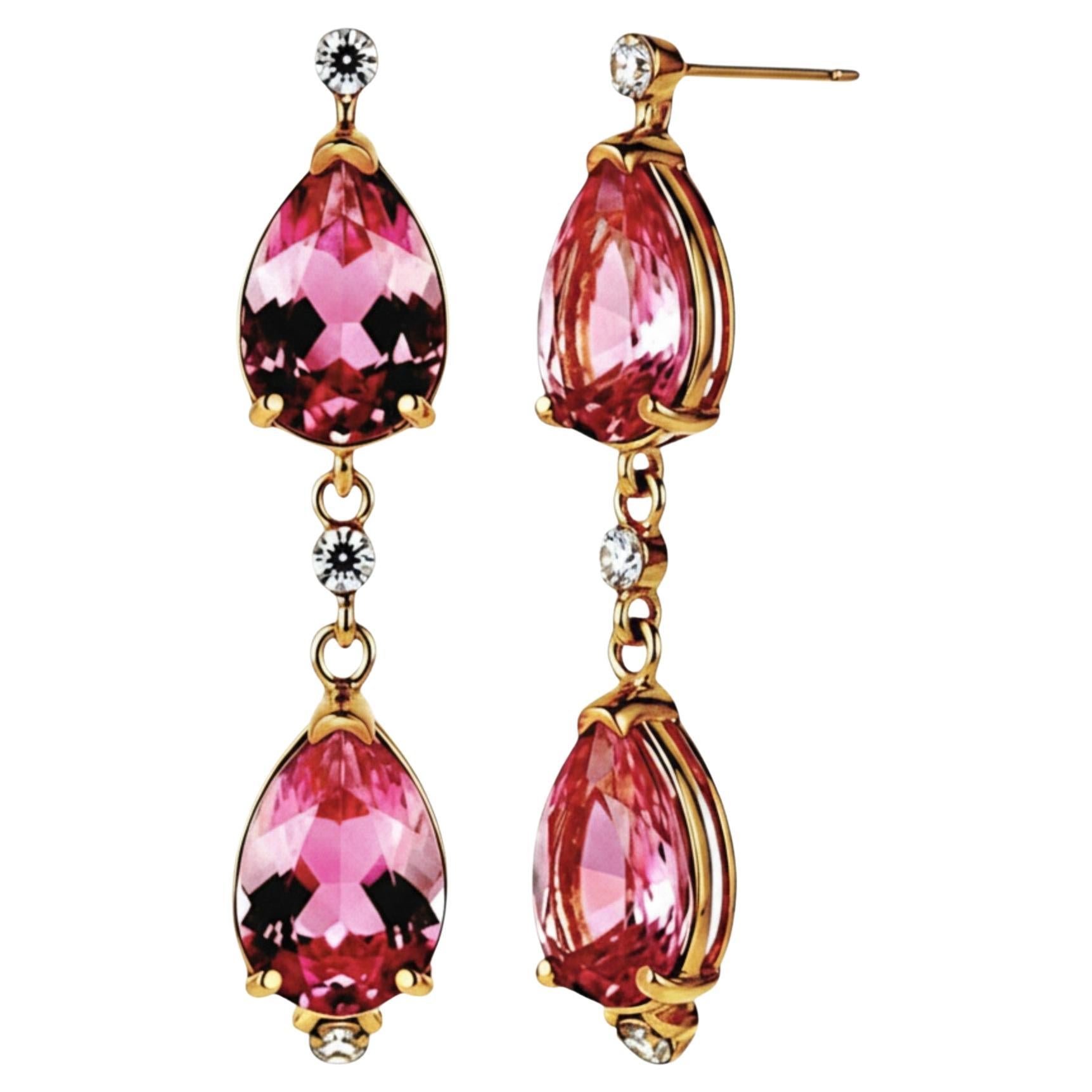 14K Yellow Gold Natural Pink Topaz and Diamond Long Drop Earrings