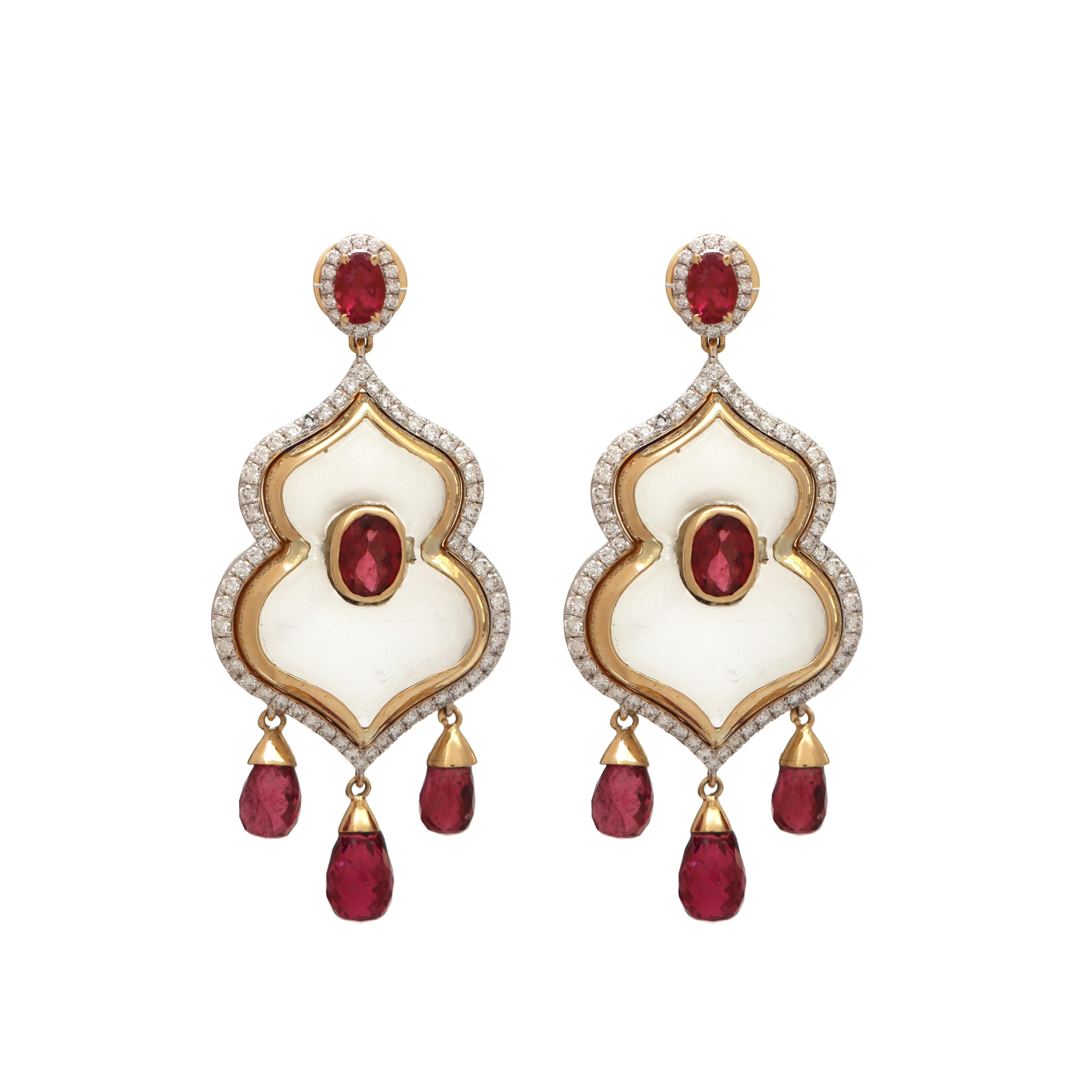 Art Deco 14K Yellow Gold Natural Pink Tourmaline Earring with Diamonds for women For Sale