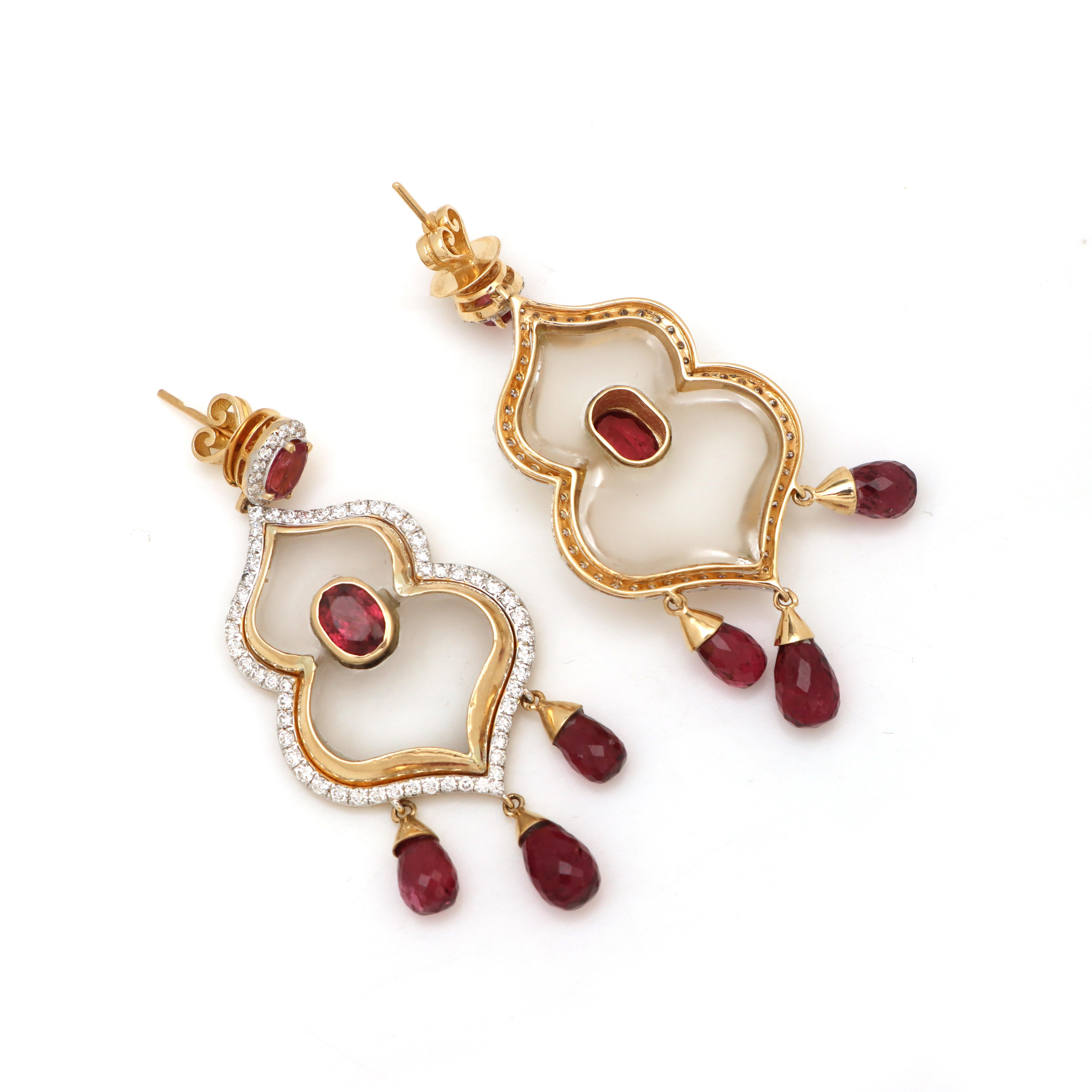 Oval Cut 14K Yellow Gold Natural Pink Tourmaline Earring with Diamonds for women For Sale