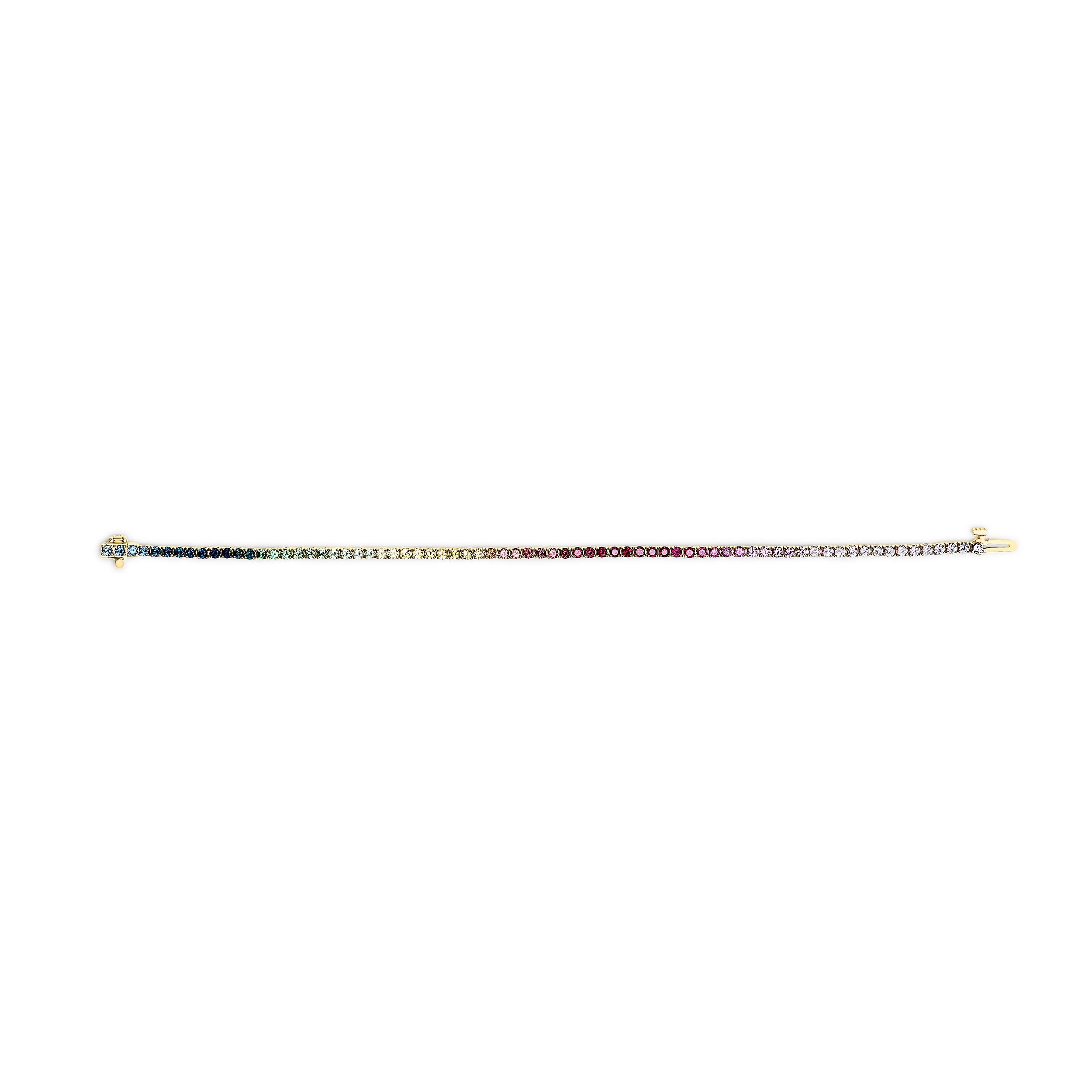 Modern 14K Yellow Gold Natural Rainbow Gemstone Sapphire and Tsavorite Tennis Bracelet For Sale