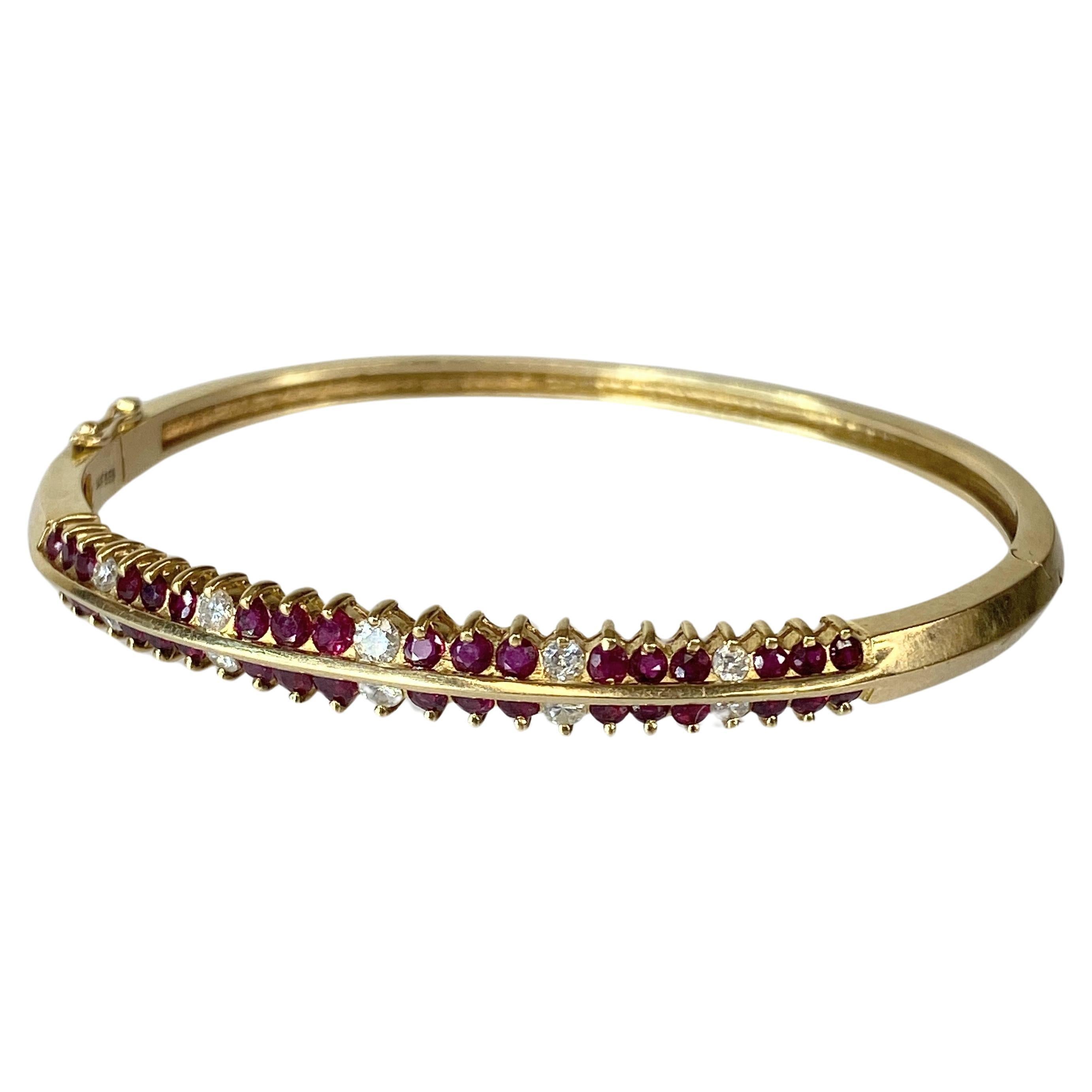 14K Yellow Gold Natural Red Ruby Diamond Double Row 2.5" Hinged Bangle Bracelet For Sale