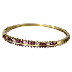 14K Yellow Gold Natural Red Ruby Diamond Double Row 2.5" Hinged Bangle Bracelet