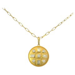 14K Yellow Gold Natural Round & Baguette Cut Diamond Pendant Paperclip Necklace
