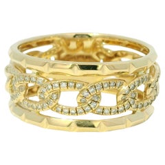 14K Yellow Gold Natural Round Brilliant Diamond Pave Chain Link Style Ring