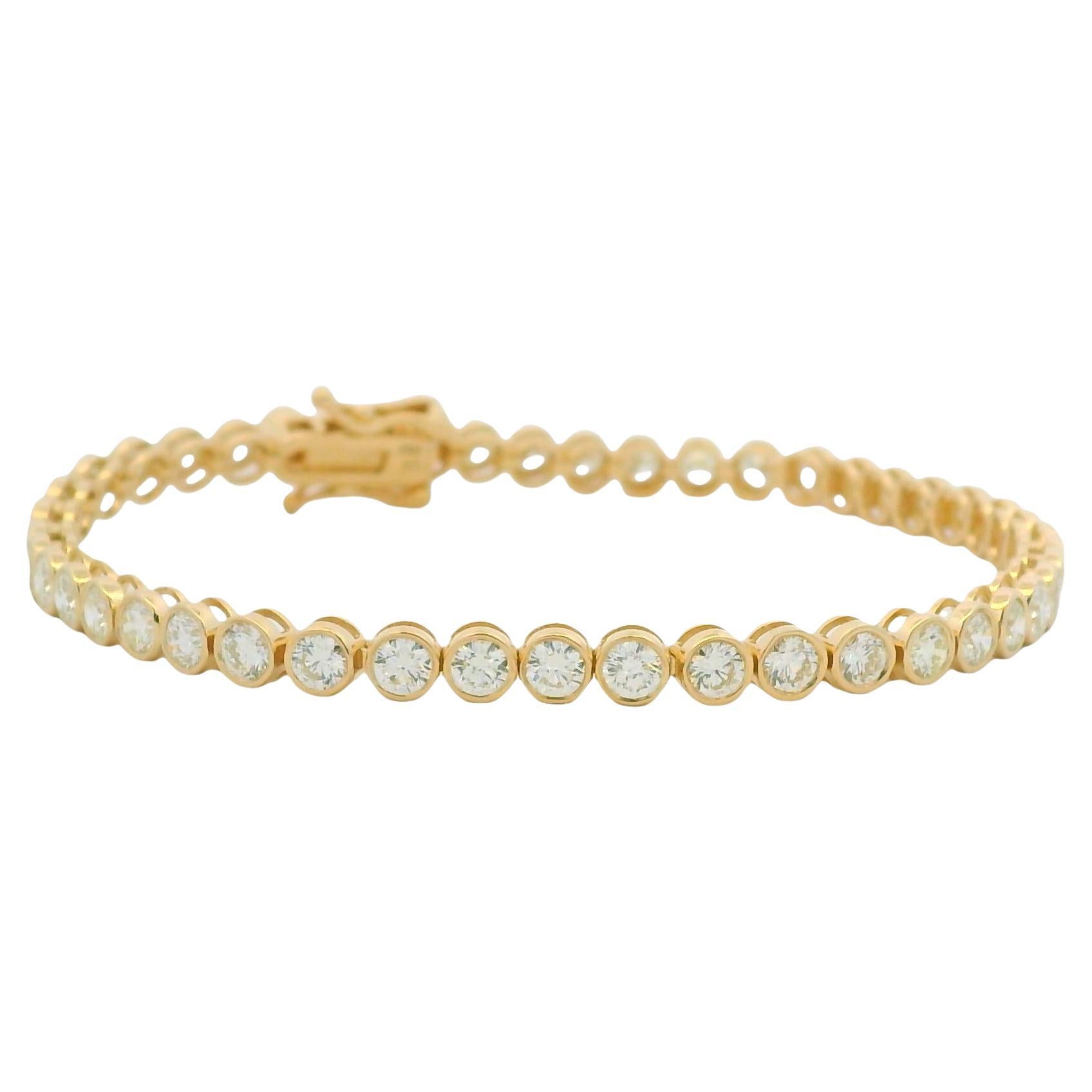 14K Yellow Gold Natural Round Diamond Bezel-Set Tennis Bracelet In Stock For Sale