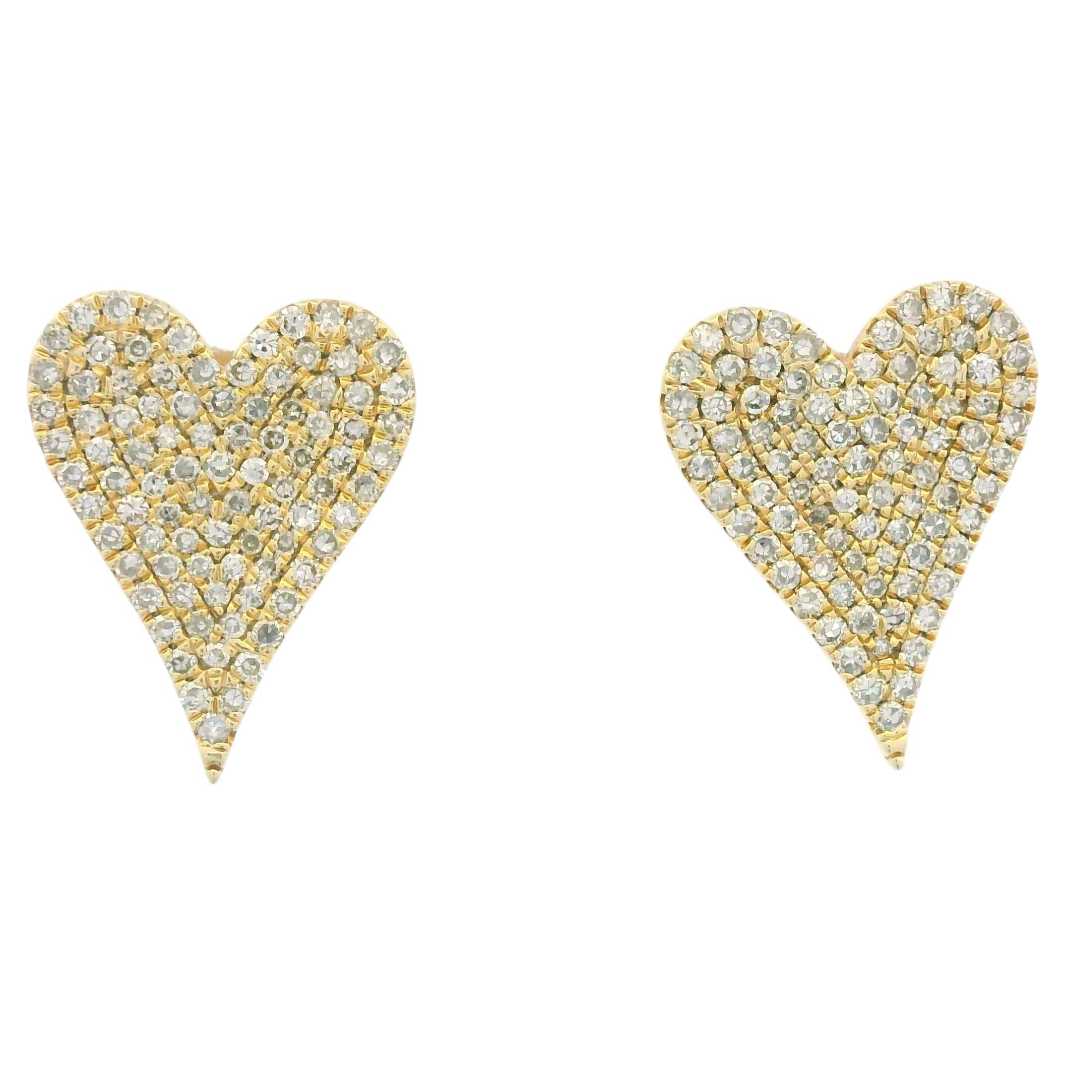 14K Yellow Gold Natural Round Diamond Pave Heart Stud Earrings In Stock