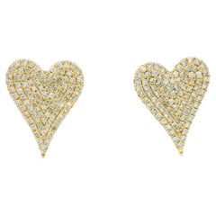 14K Yellow Gold Natural Round Diamond Pave Heart Stud Earrings In Stock