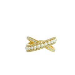 14k Yellow Gold Natural Round Diamond & Pearl Crossover Ring In Stock