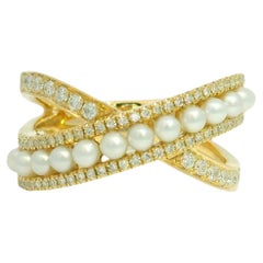 14k Yellow Gold Natural Round Diamond & Pearl Crossover Ring In Stock