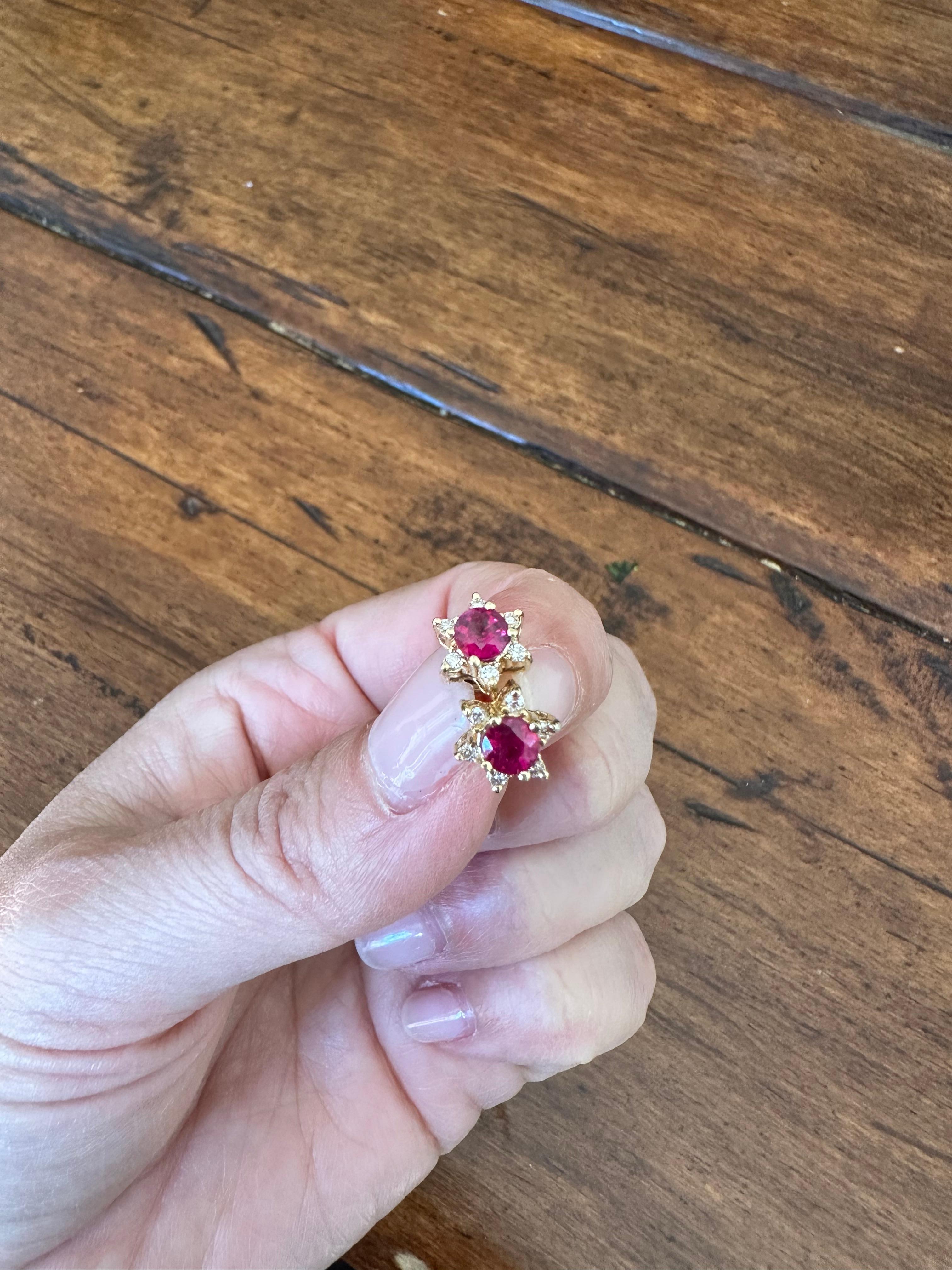 14K Yellow Gold Natural Ruby and Diamond Flower Stud Earrings   For Sale 5