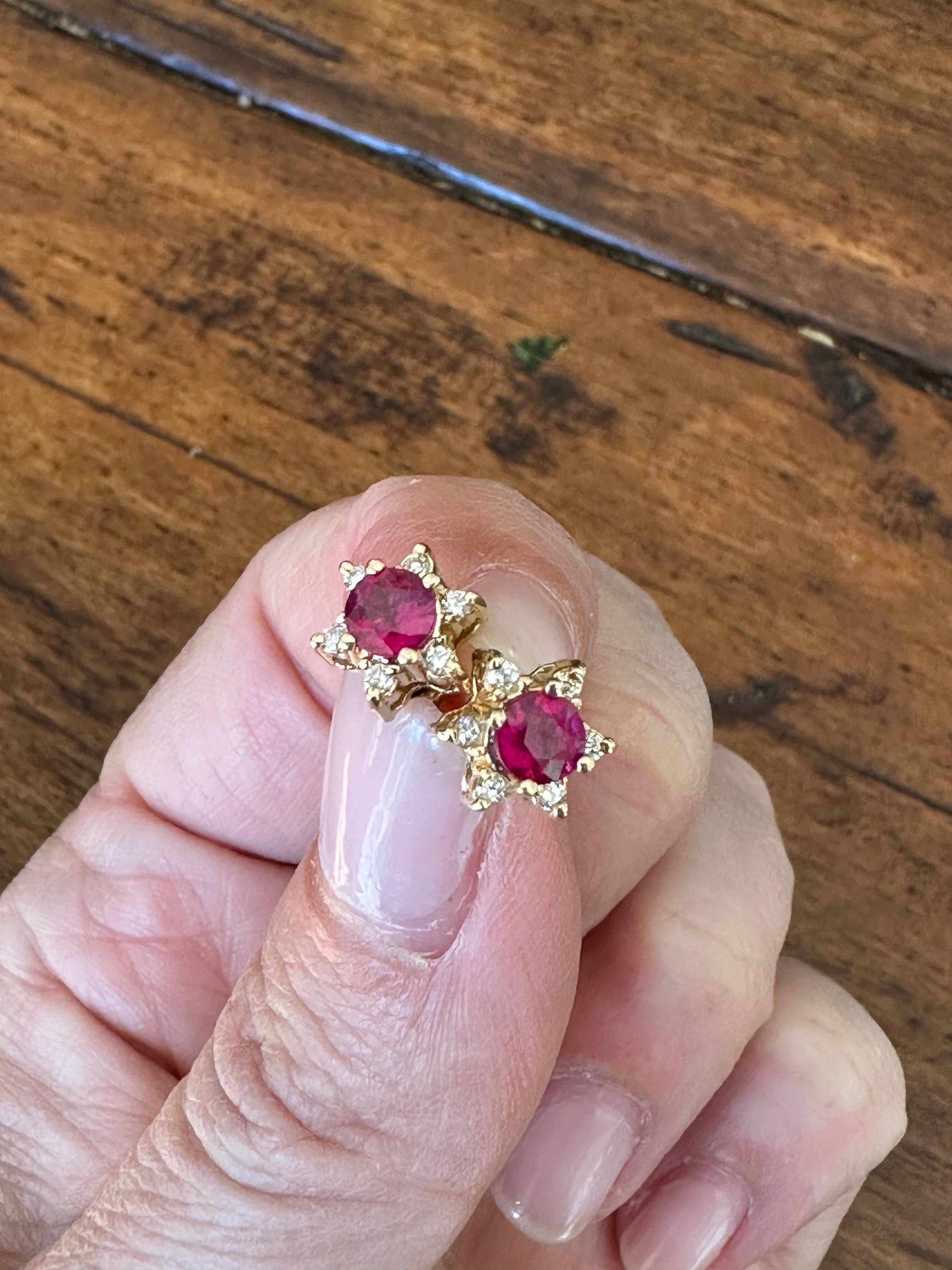 14K Yellow Gold Natural Ruby and Diamond Flower Stud Earrings   For Sale 6