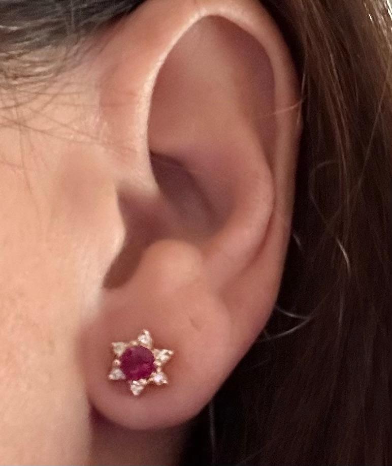 14K Yellow Gold Natural Ruby and Diamond Flower Stud Earrings   For Sale 7