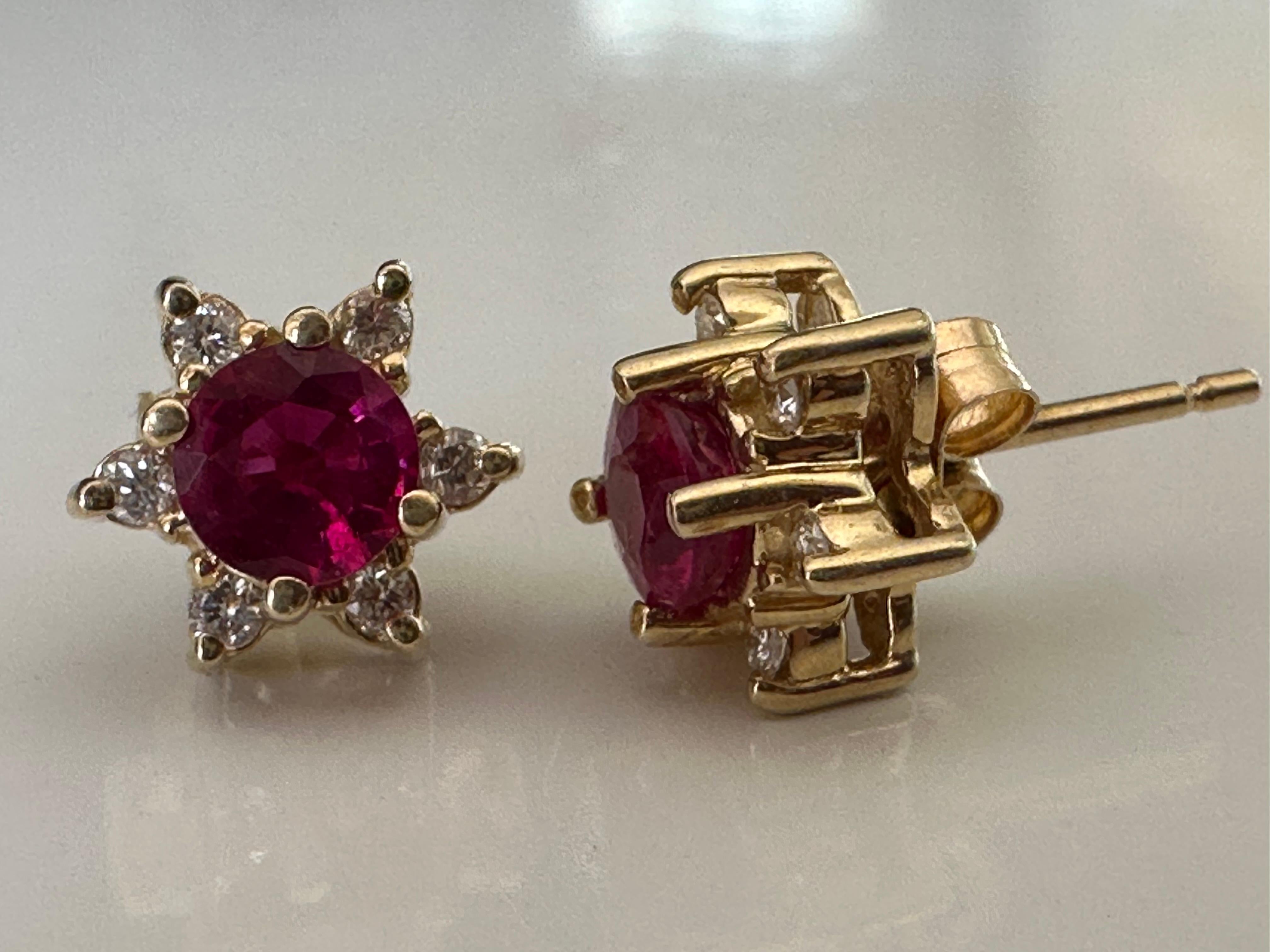 Round Cut 14K Yellow Gold Natural Ruby and Diamond Flower Stud Earrings   For Sale