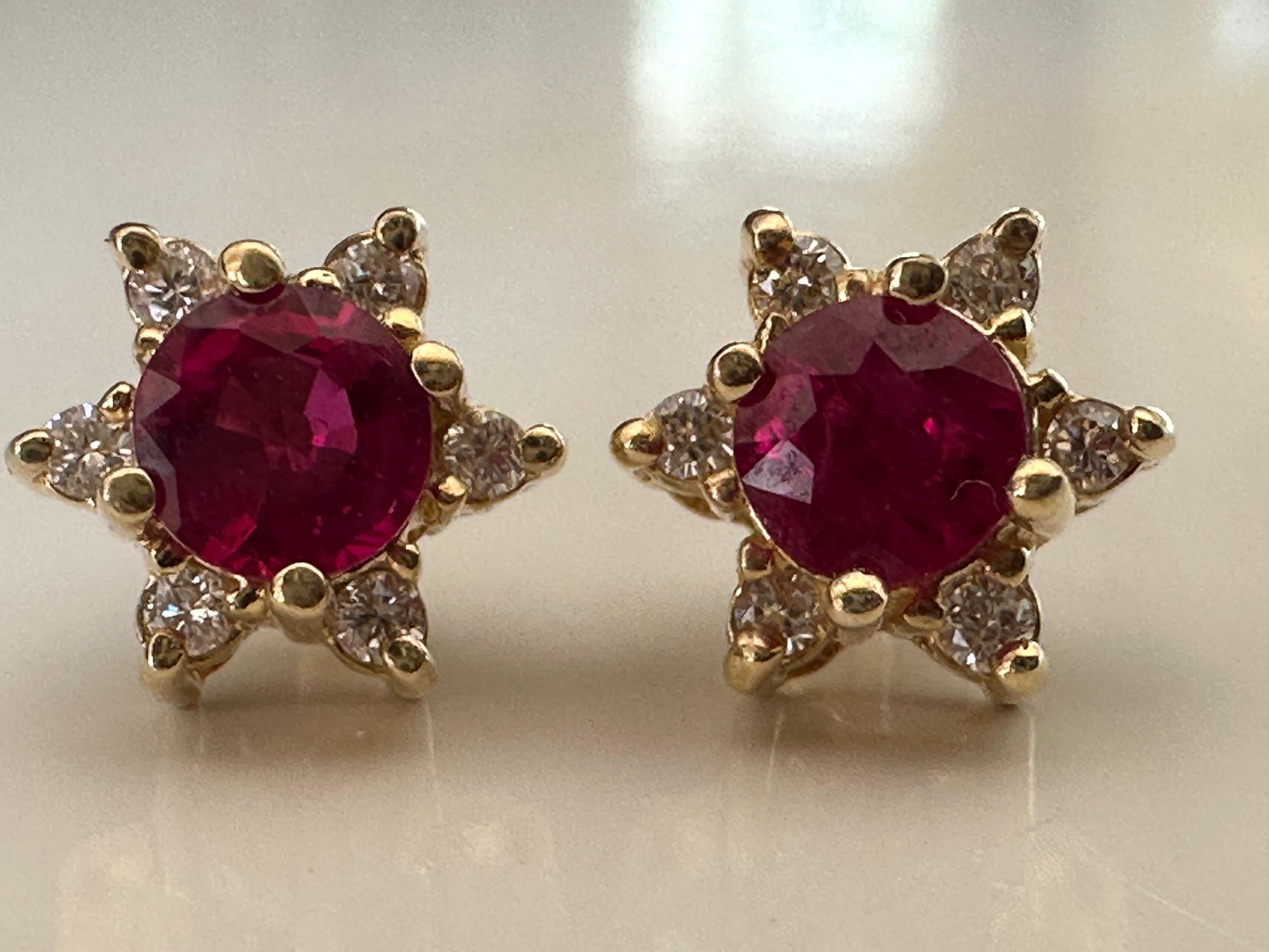 Women's 14K Yellow Gold Natural Ruby and Diamond Flower Stud Earrings   For Sale
