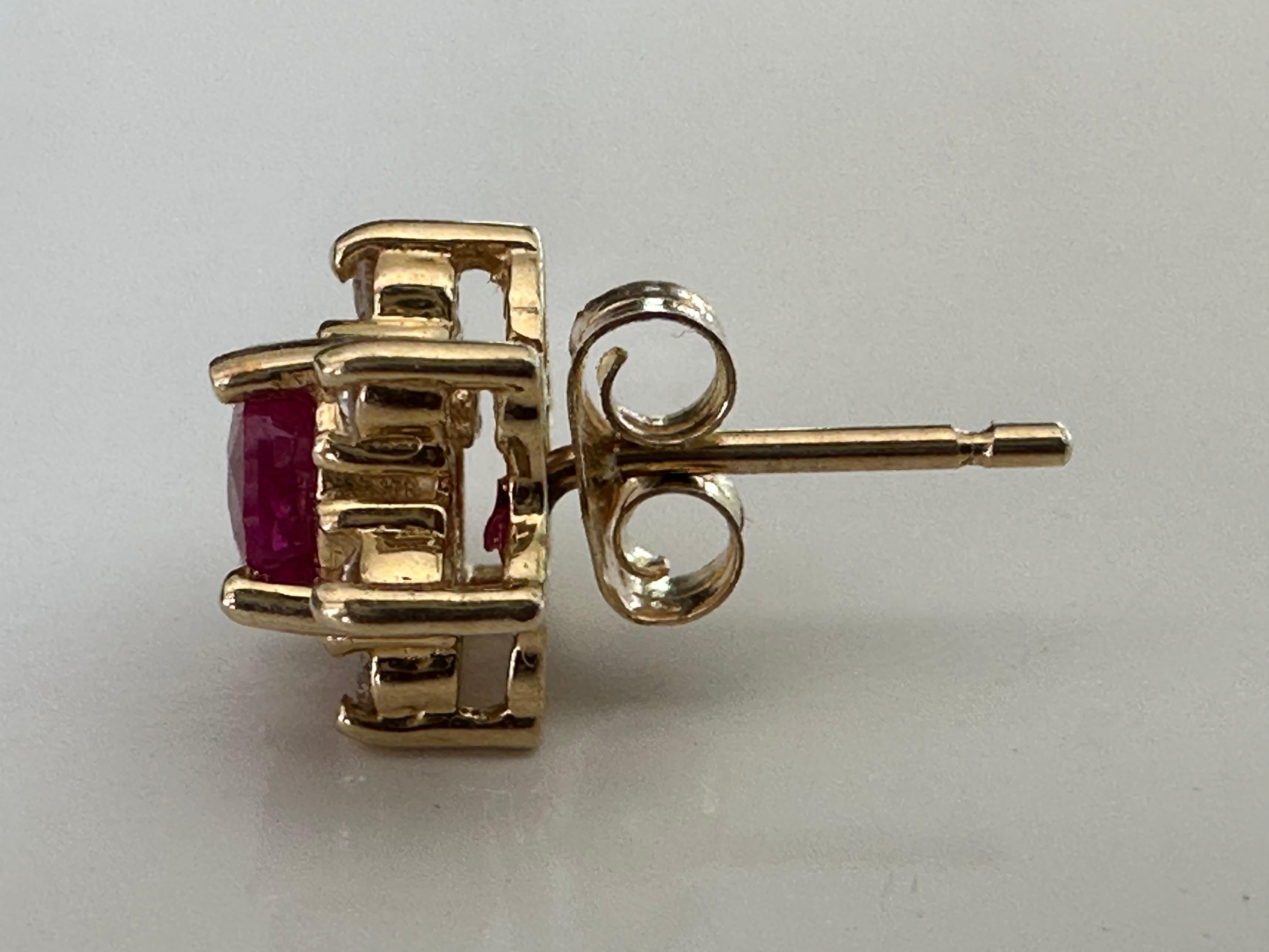 14K Yellow Gold Natural Ruby and Diamond Flower Stud Earrings   For Sale 2