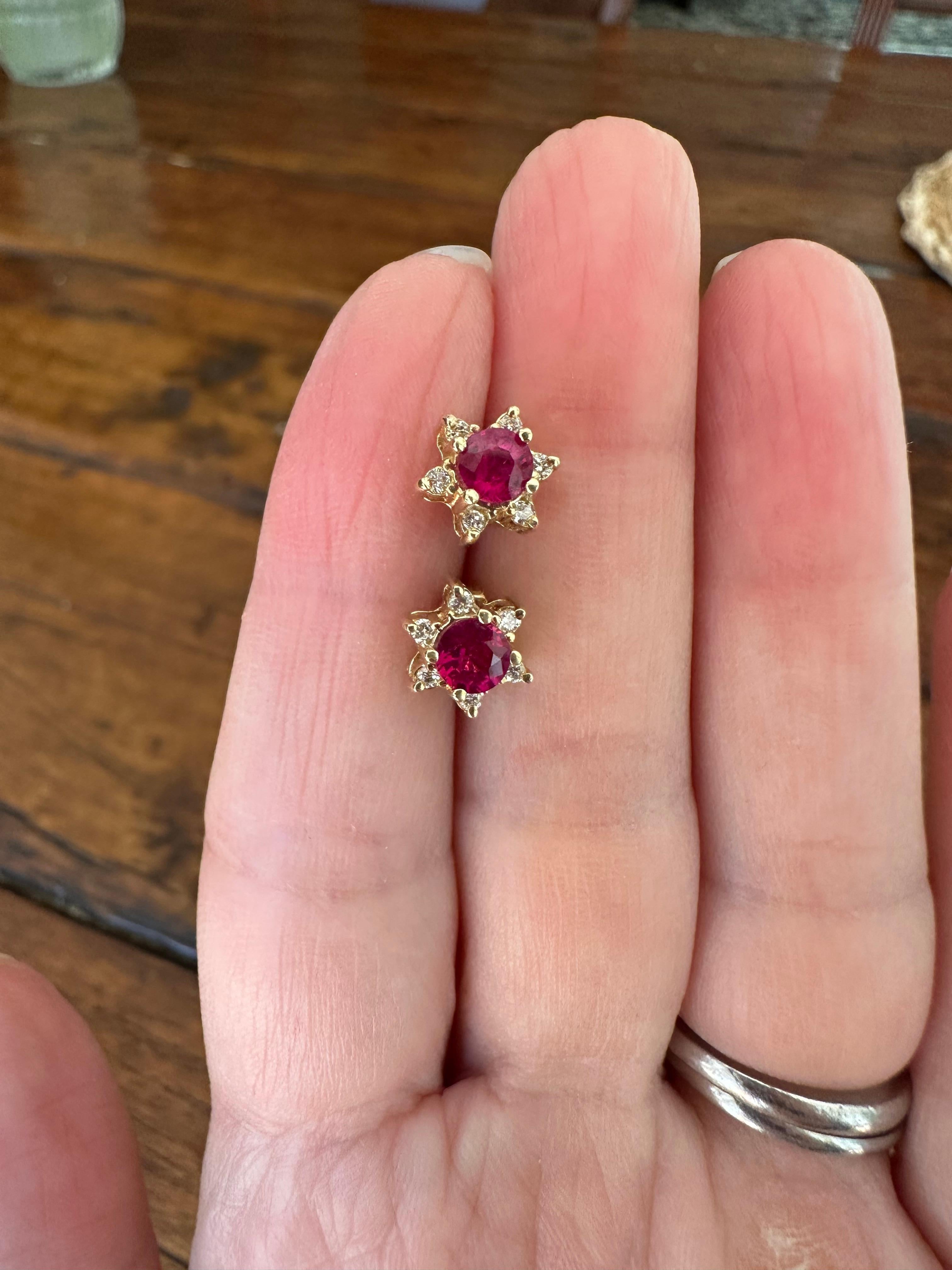 14K Yellow Gold Natural Ruby and Diamond Flower Stud Earrings   For Sale 3