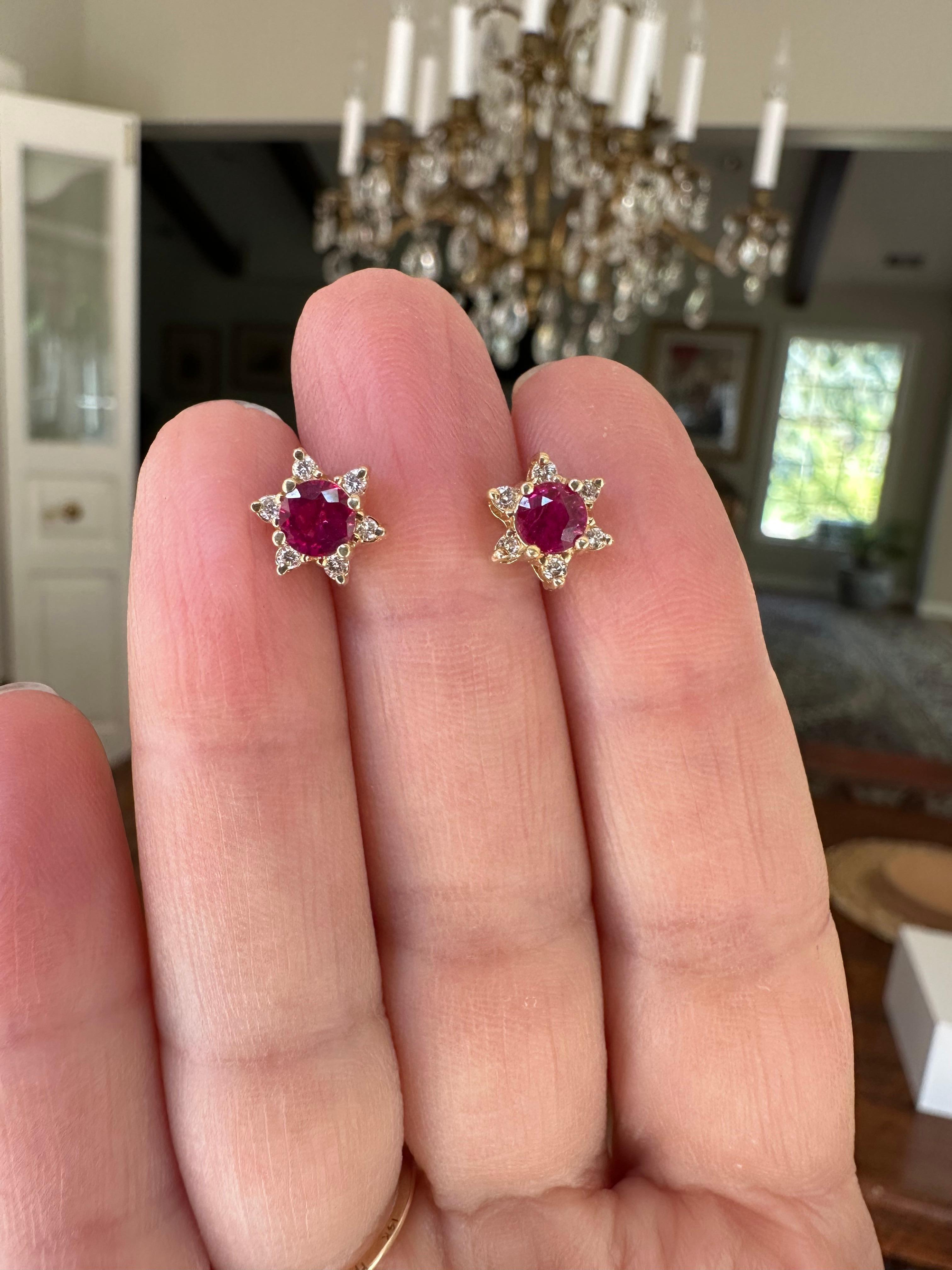 14K Yellow Gold Natural Ruby and Diamond Flower Stud Earrings   For Sale 4