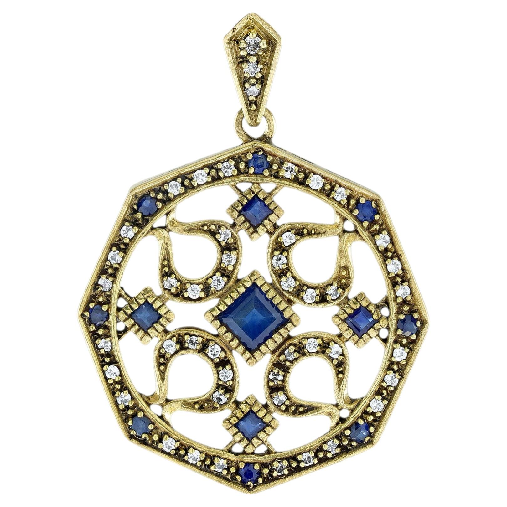 14K Yellow Gold Natural Sapphire Diamond Vintage Edwardian Style Pendant For Sale