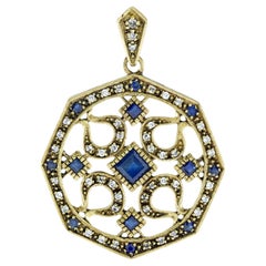 14K Yellow Gold Natural Sapphire Diamond Vintage Edwardian Style Pendant