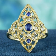 14K Yellow Gold Natural Sapphire Pearl Diamond Vintage Style Cocktail Ring