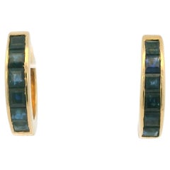 14K Yellow Gold Natural Square Cut Sapphire Huggie Earrings In Stock