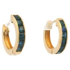 14K Yellow Gold Natural Square Cut Sapphire Huggie Earrings In Stock