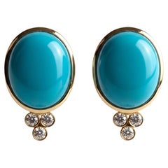 Pendientes de botón de oro amarillo de 14 quilates con turquesa natural, diamante de 6,90 quilates y 0,15 quilates