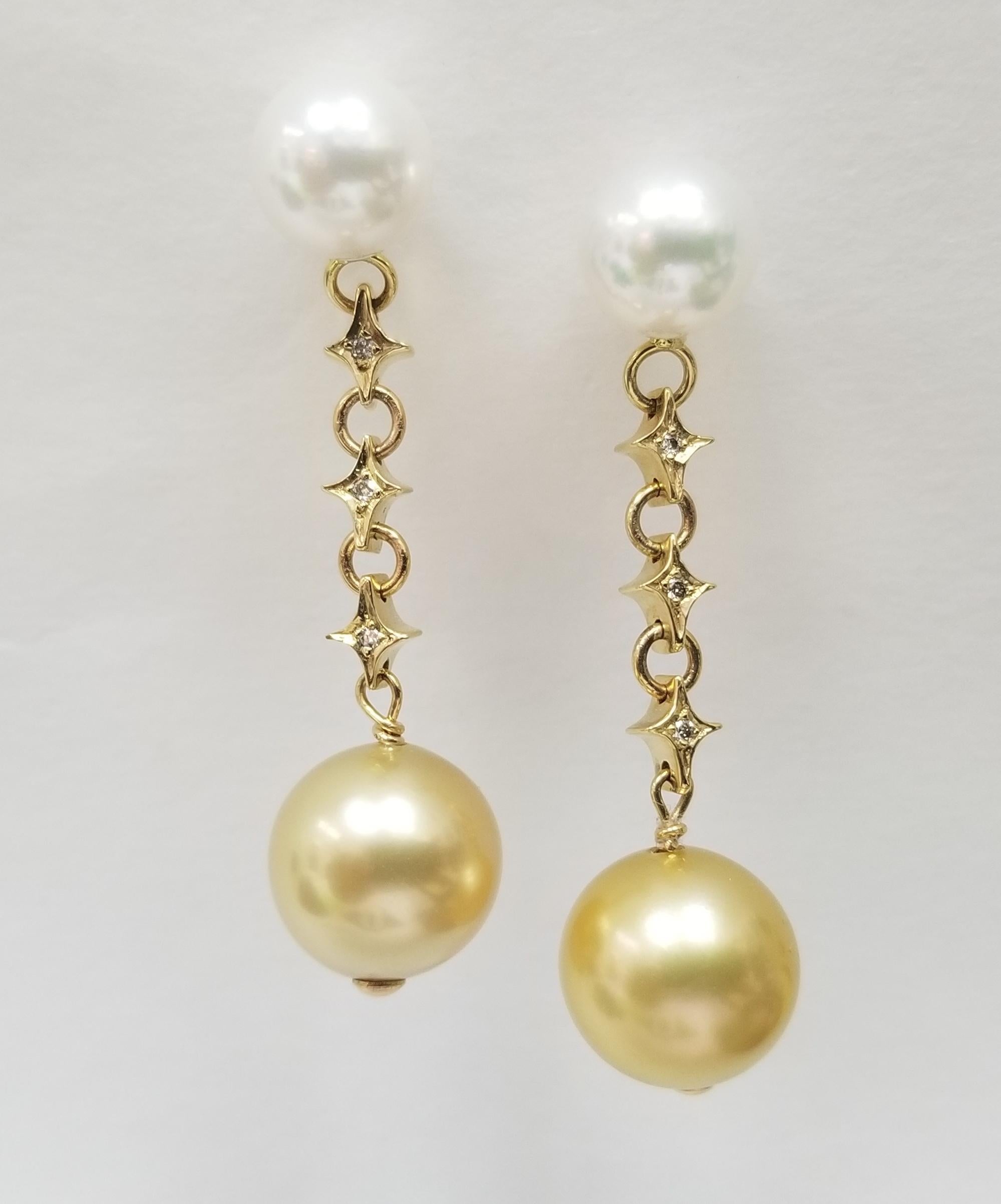 Contemporary 14 Karat Gold Natural White and Yellow South Sea Pearl and Diamond Earrings