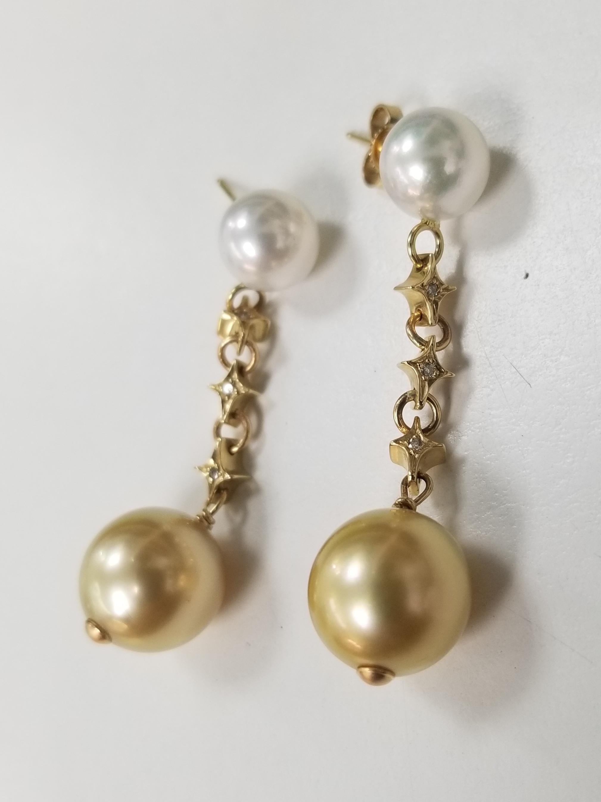Round Cut 14 Karat Gold Natural White and Yellow South Sea Pearl and Diamond Earrings