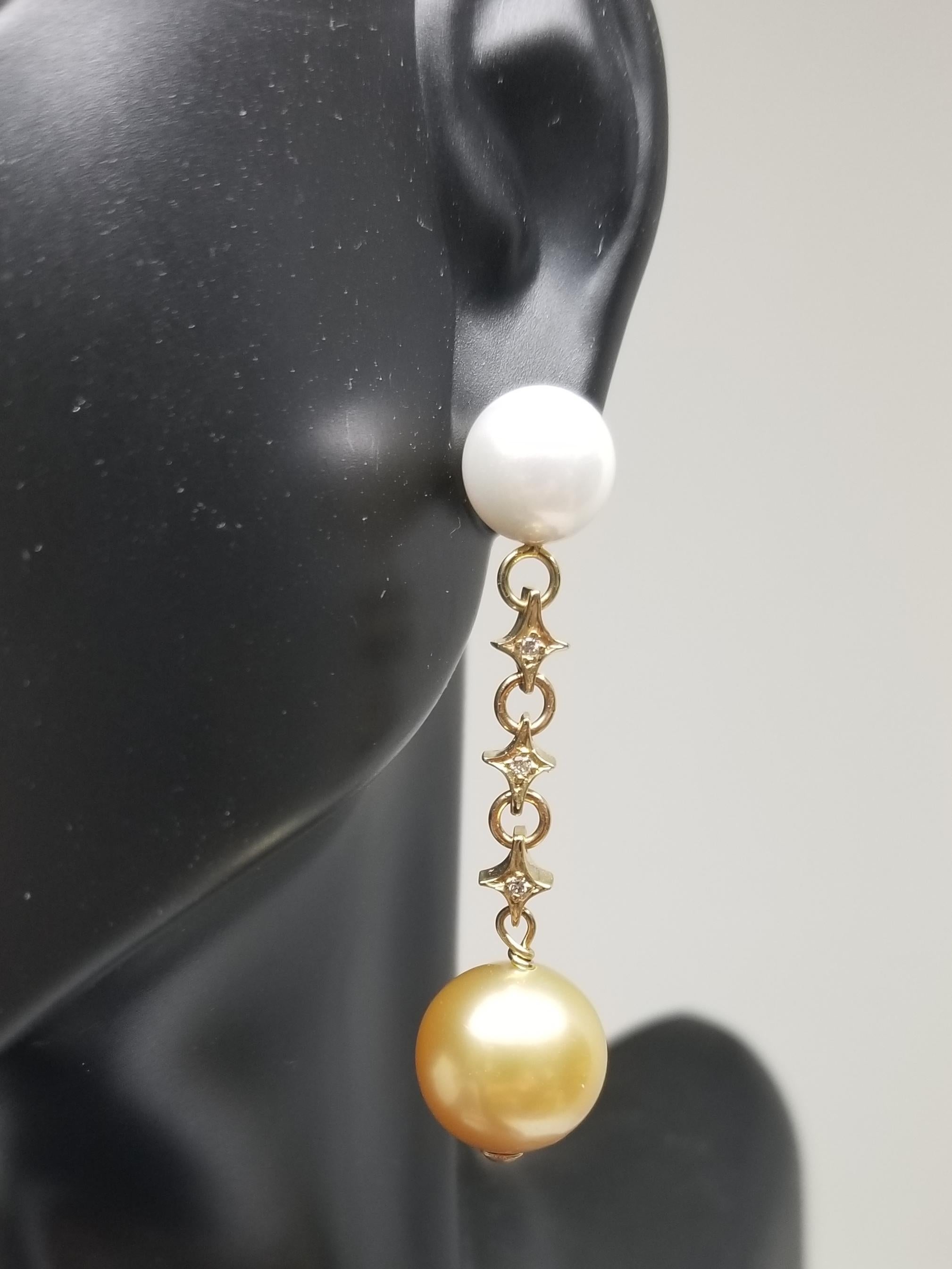 14 Karat Gold Natural White and Yellow South Sea Pearl and Diamond Earrings In New Condition In Los Angeles, CA