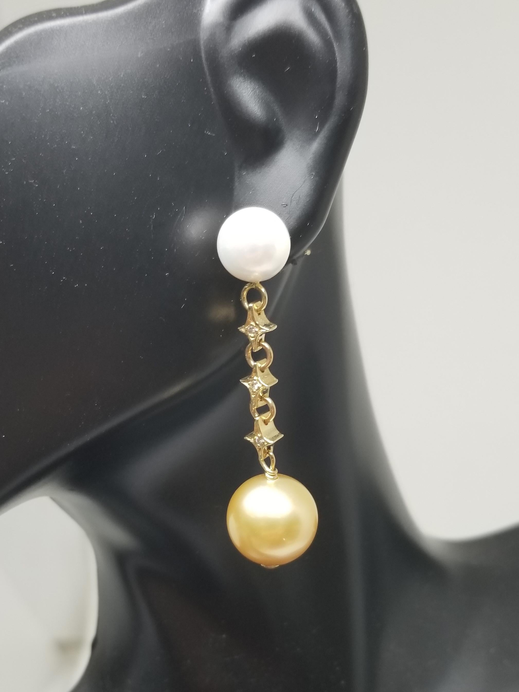 Women's or Men's 14 Karat Gold Natural White and Yellow South Sea Pearl and Diamond Earrings