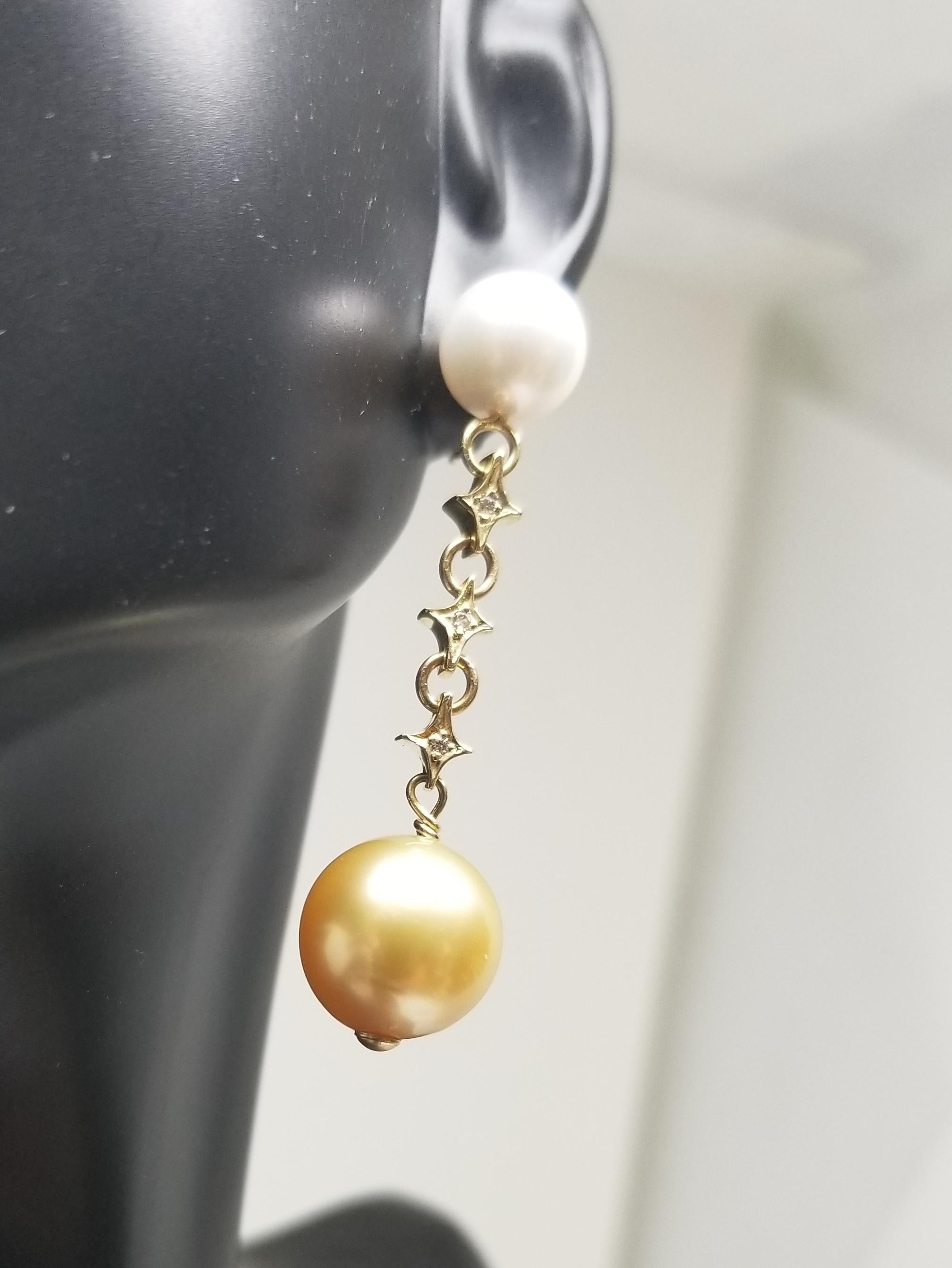 14 Karat Gold Natural White and Yellow South Sea Pearl and Diamond Earrings 1