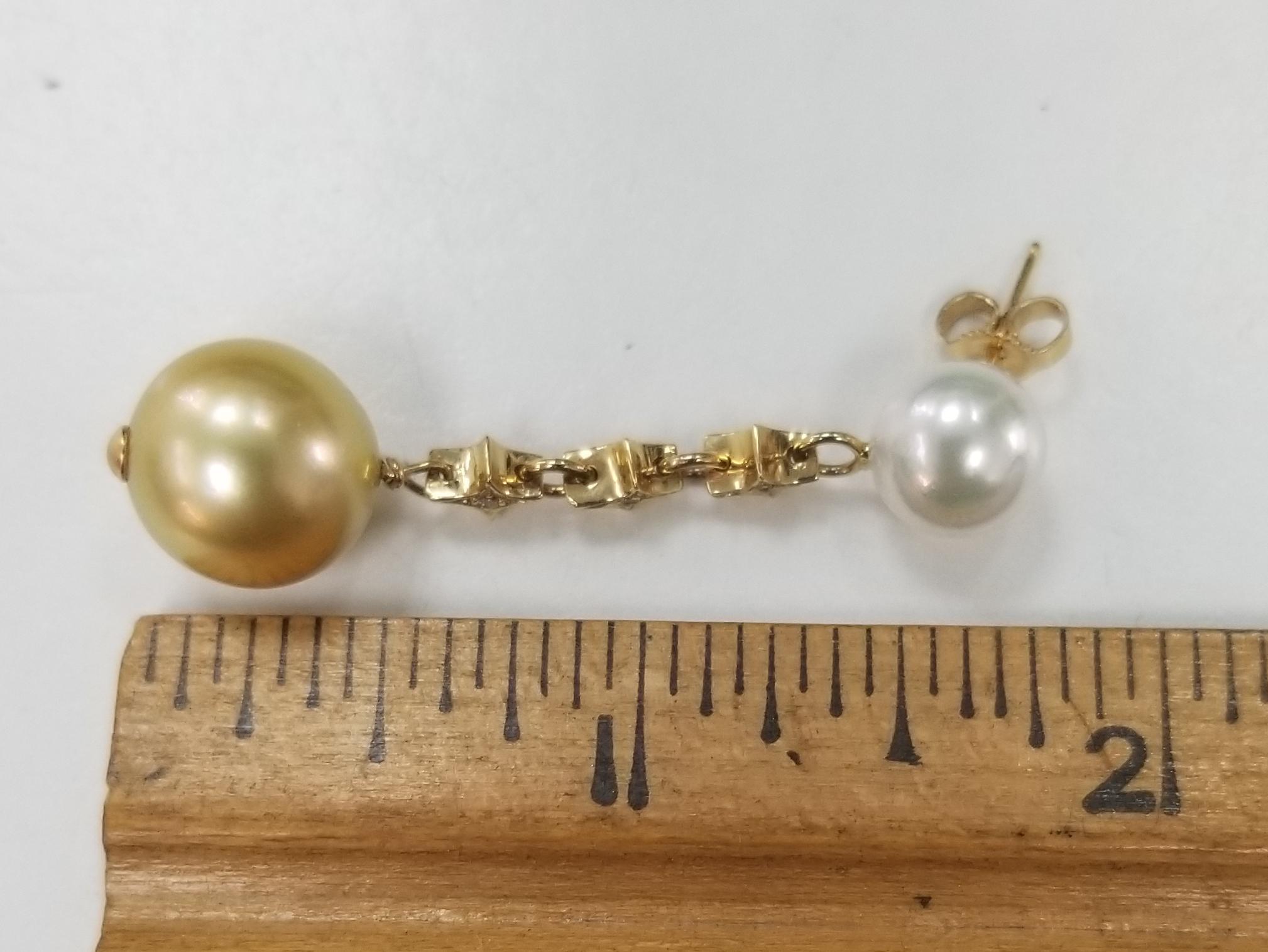 14 Karat Gold Natural White and Yellow South Sea Pearl and Diamond Earrings 2