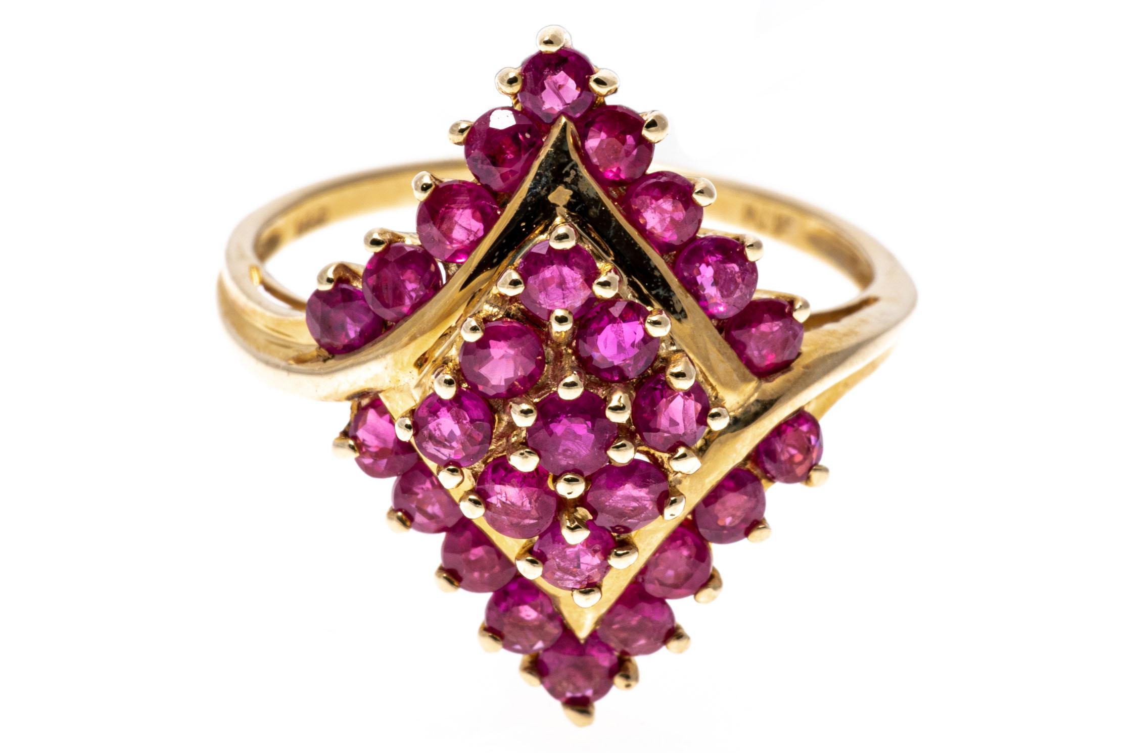 Round Cut 14k Yellow Gold Navette Shaped Ruby Cluster Bypass Style Ring For Sale