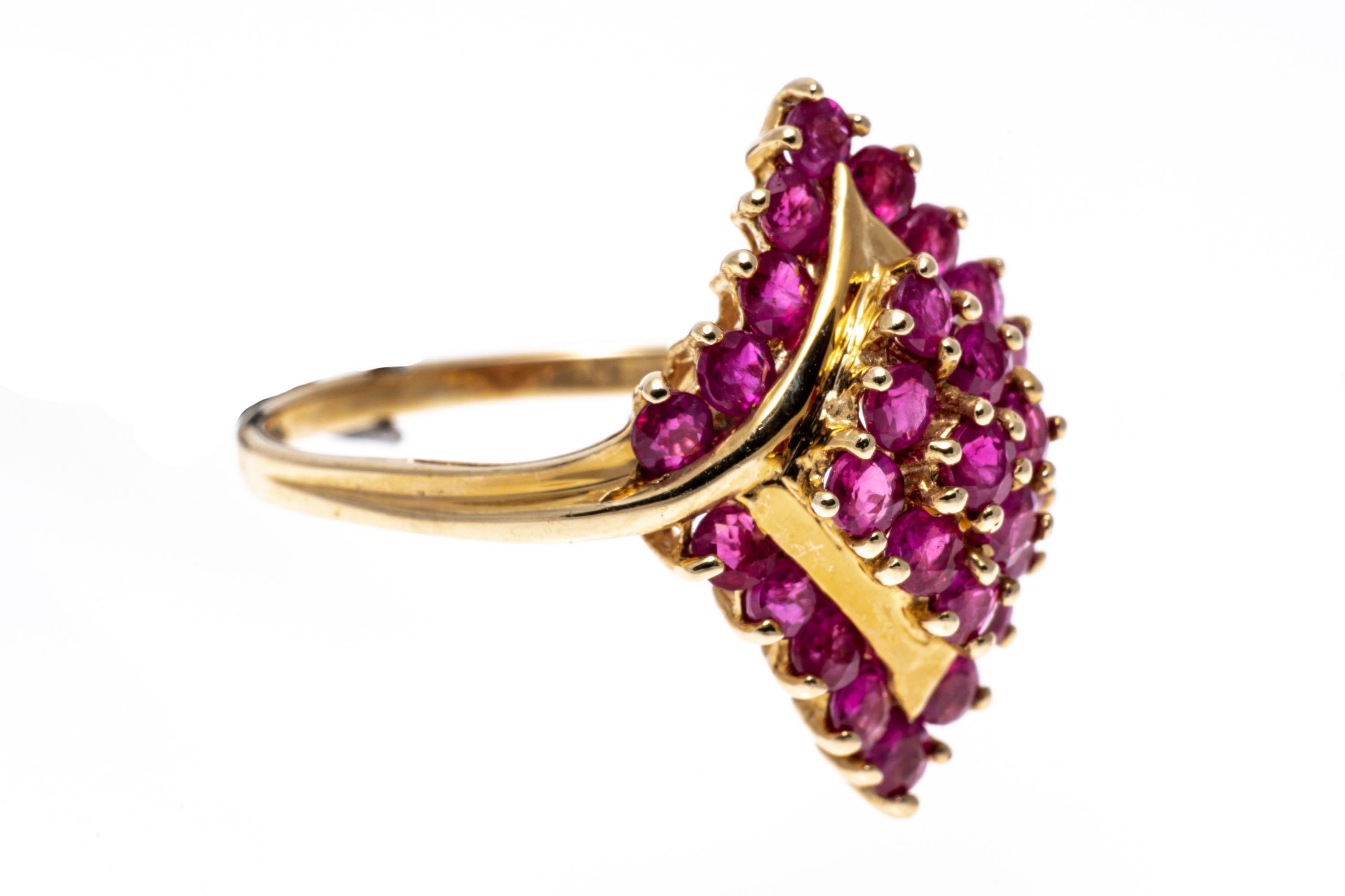 14k Yellow Gold Navette Shaped Ruby Cluster Bypass Style Ring In Good Condition For Sale In Southport, CT