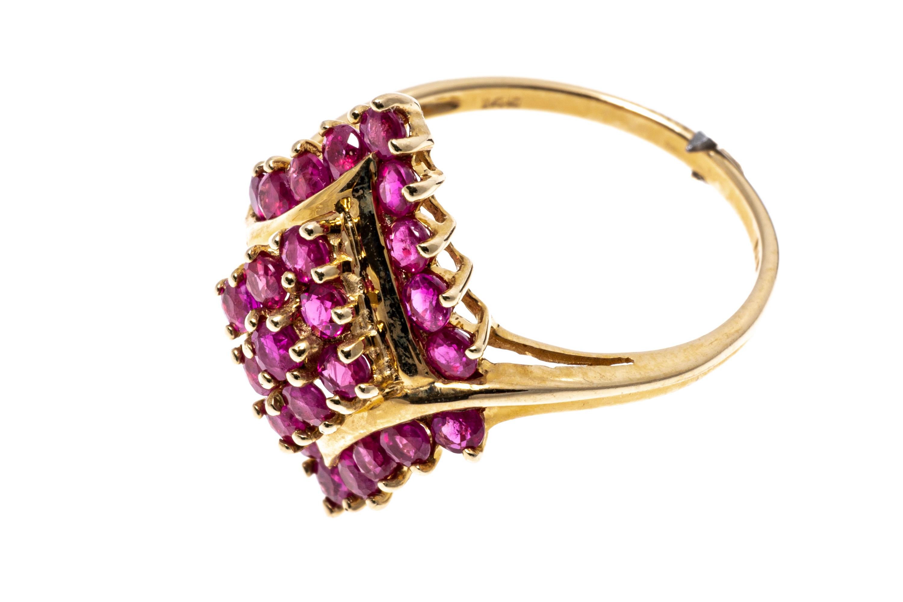 14k Yellow Gold Navette Shaped Ruby Cluster Bypass Style Ring For Sale 2