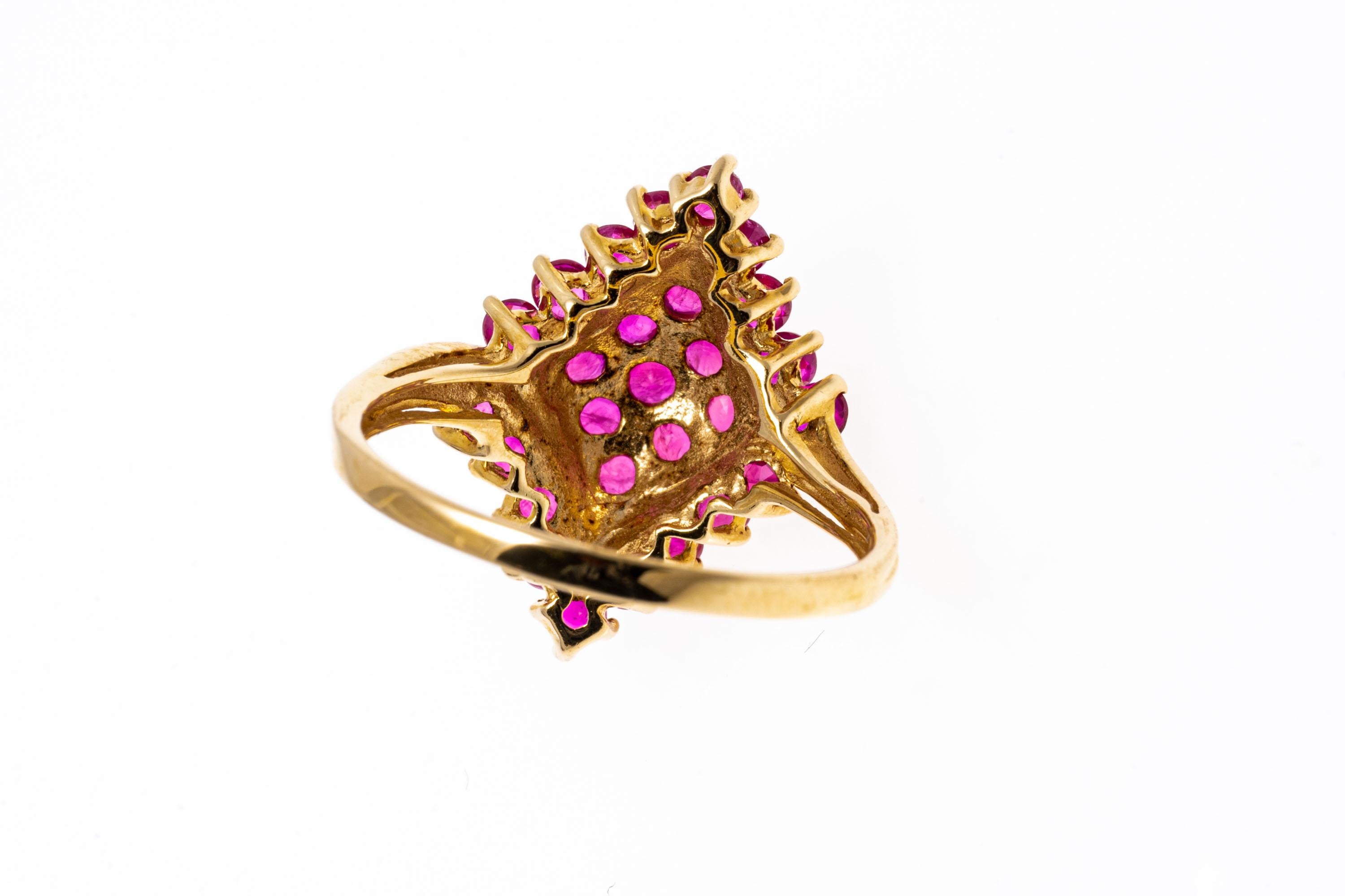 14k Yellow Gold Navette Shaped Ruby Cluster Bypass Style Ring For Sale 3