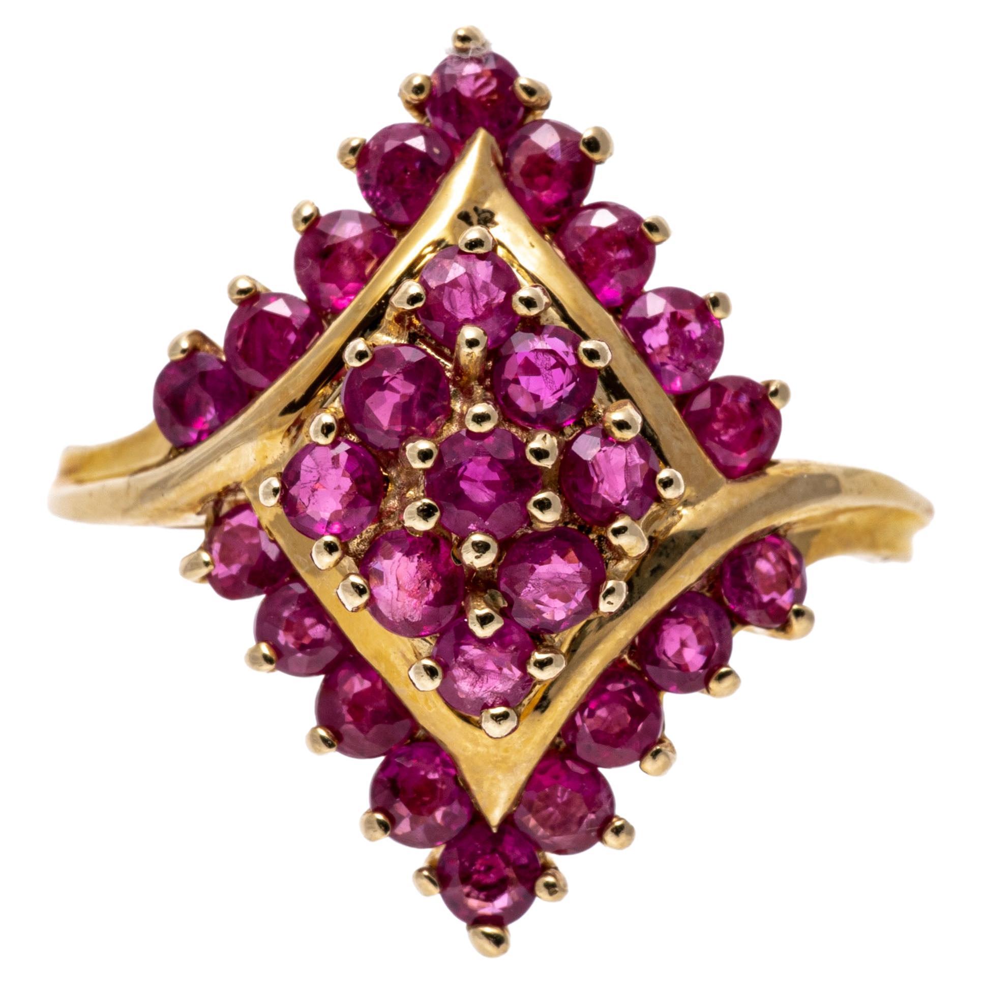 14k Yellow Gold Navette Shaped Ruby Cluster Bypass Style Ring For Sale