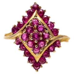 Retro 14k Yellow Gold Navette Shaped Ruby Cluster Bypass Style Ring
