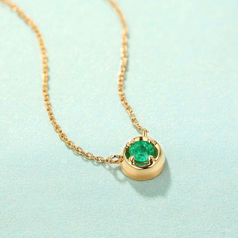 Modern Solitaire Round Emerald 14K Yellow Gold Necklace For Sale